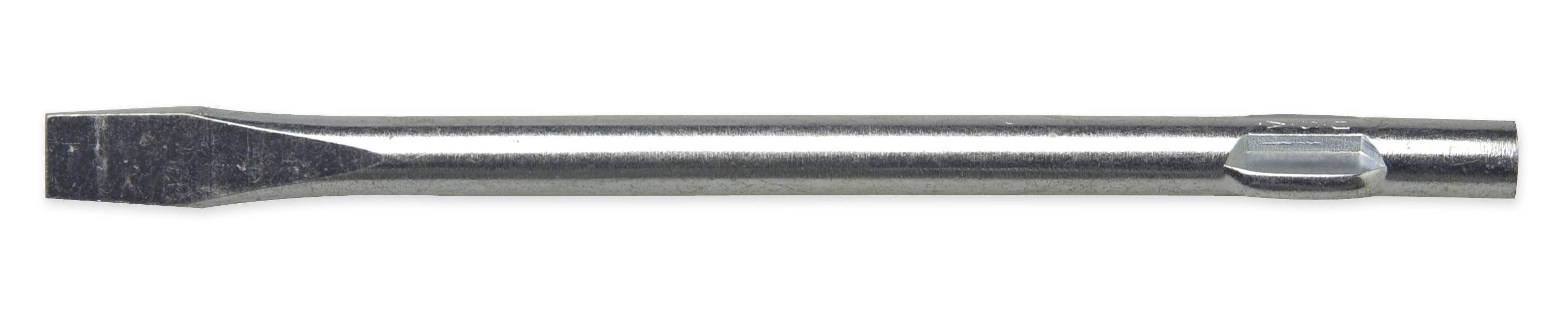 Ein Schlitzschraubendreher mit silbernem Metallschaft und dunklem Griff, horizontal auf weißem Hintergrund dargestellt.