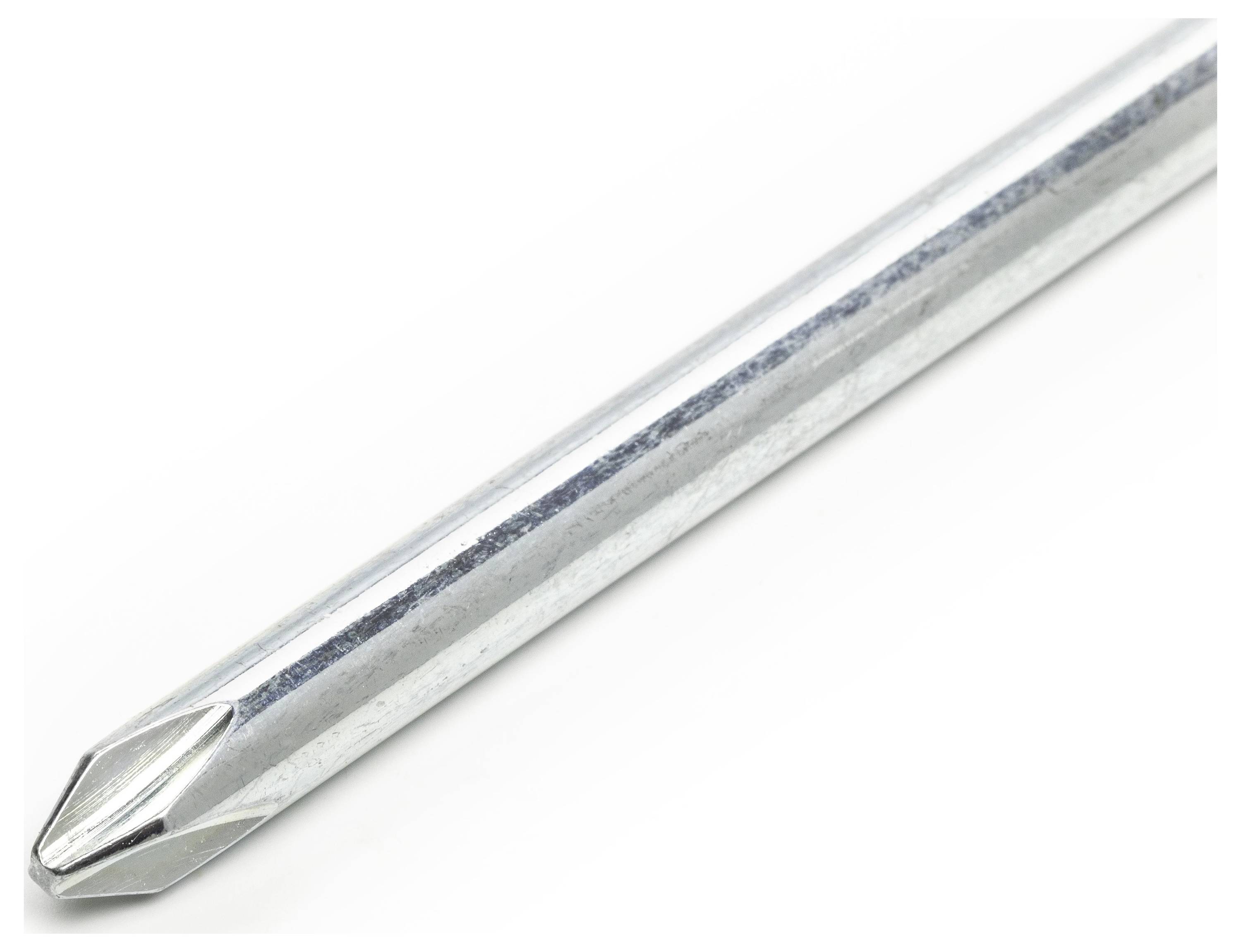 Ein langer Metallschraubendreher mit grauem Weller-Griff auf weißem Hintergrund.