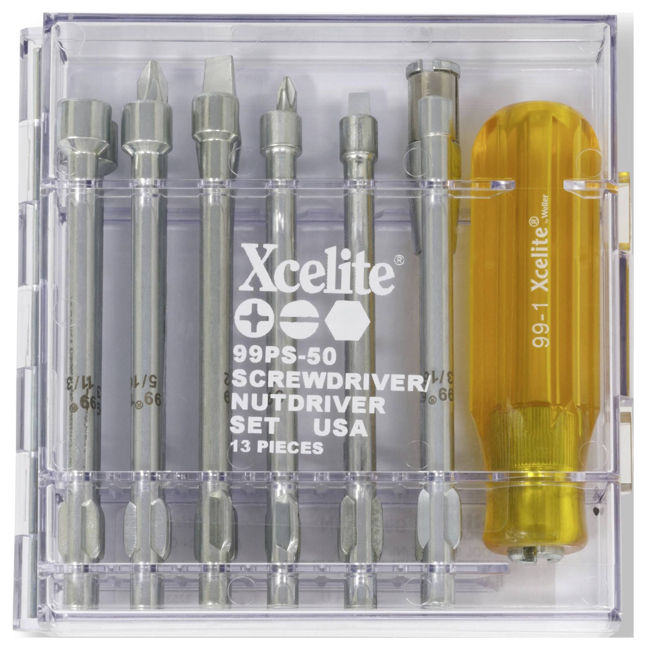 Xcelite 13-teiliger Schraubendreher- und Nussdriver-Satz in einem durchsichtigen Kunststoffkoffer mit Metalltreibern und orangefarbenem Griff.