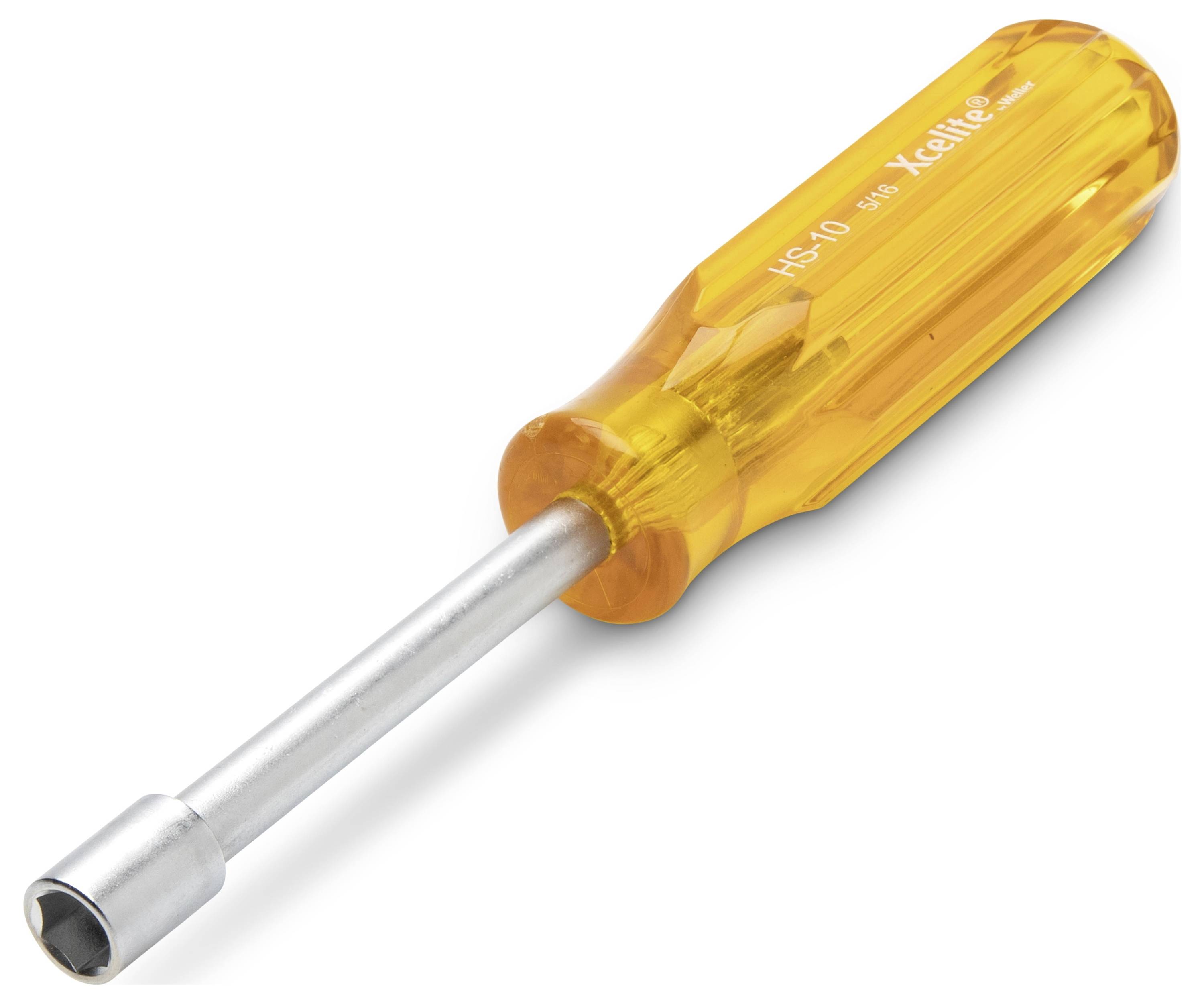 Schraubendreher mit orangefarbenem Griff, Metallschaft und Steckernase auf weißem Hintergrund.
