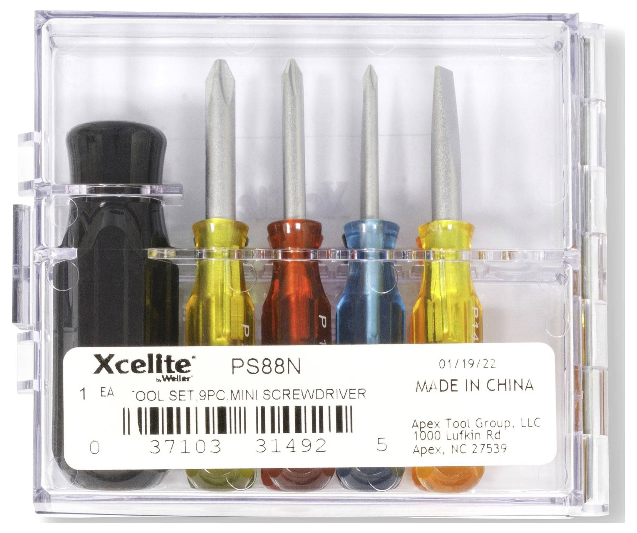 Mini-Schraubendrehersatz in einem transparenten Kunststoffgehäuse mit vier farbigen Schraubendrehern und einem schwarzen Griff, mit der Bezeichnung Xcelite PS88N.