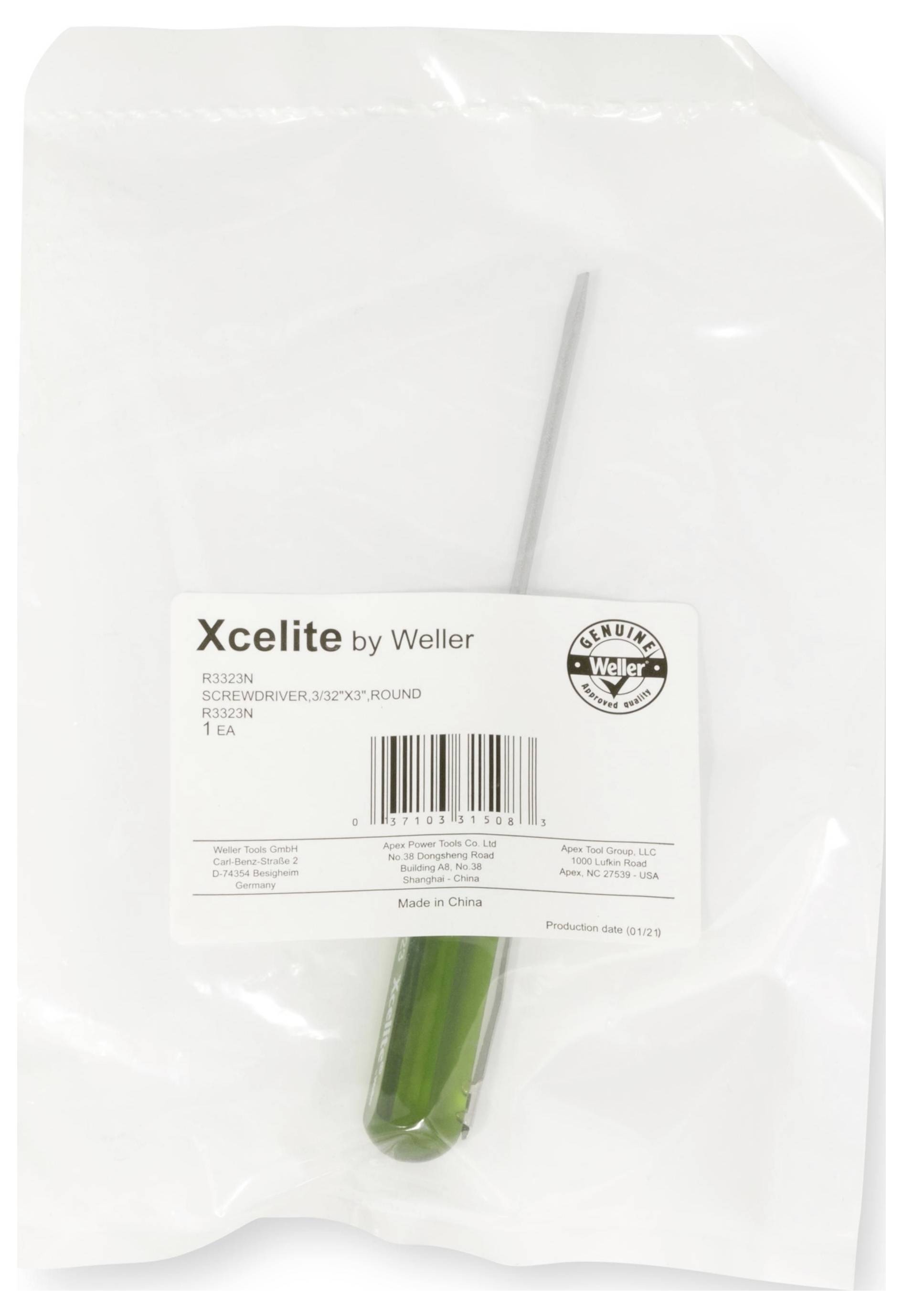 Verpackter Weller Xcelite Schraubenzieher in einer durchsichtigen Plastiktüte, mit Produktetikett und grünem Griff sichtbar.
