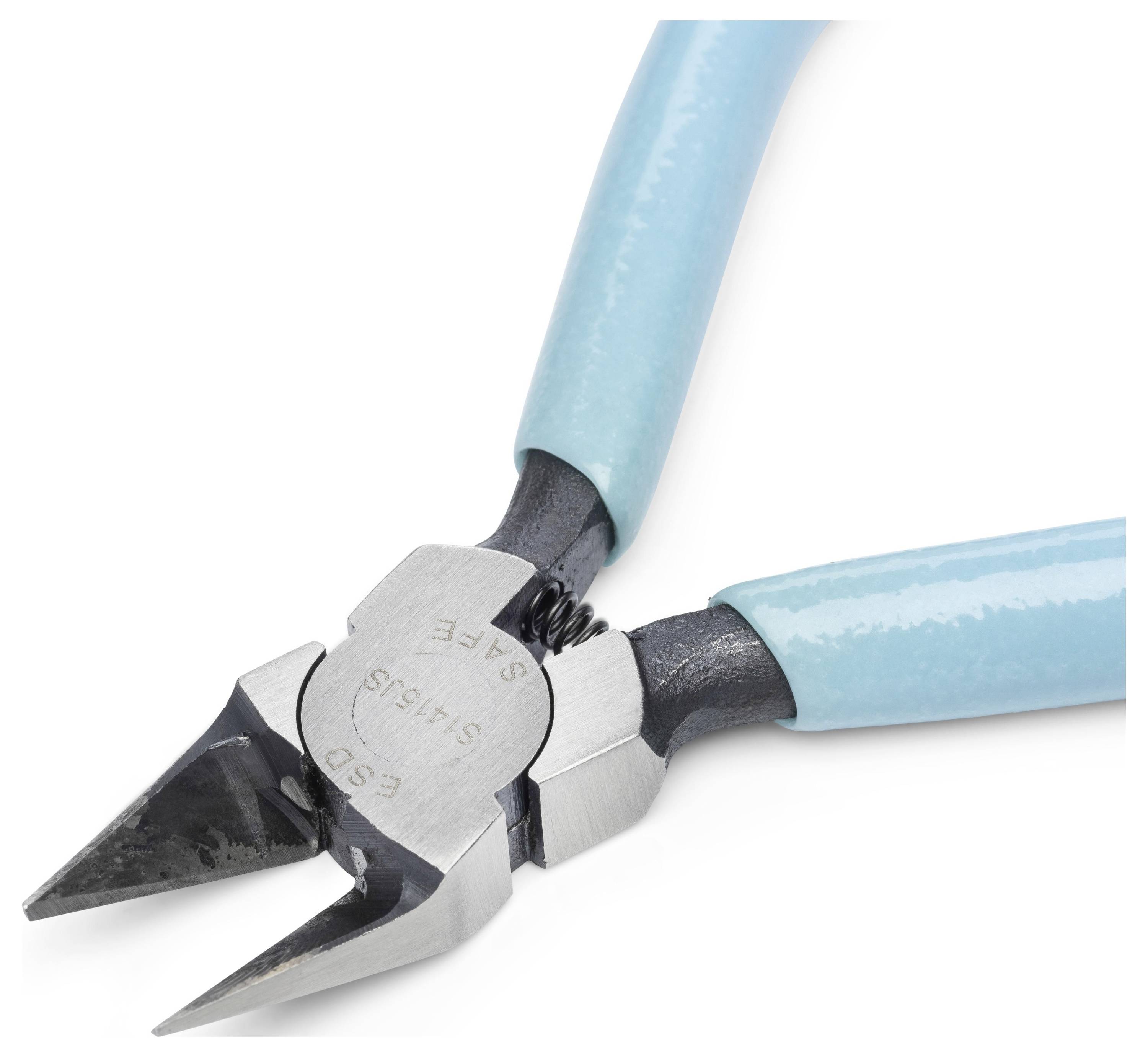 Nahaufnahme einer Diagonalzange mit hellblauen Griffen und schwarzen Metallbacken auf weißem Hintergrund.