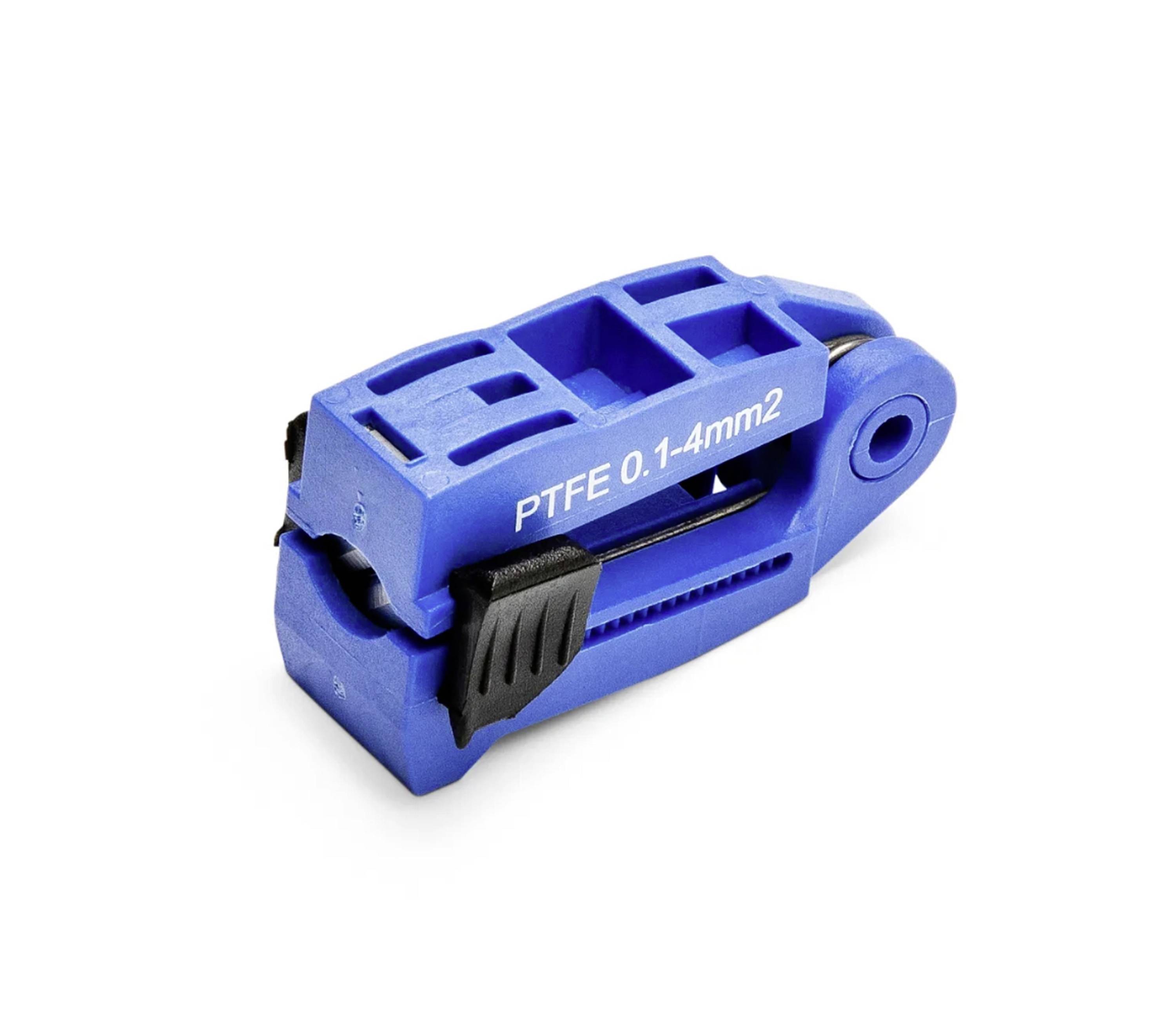 Blauer PTFE-Rohrschneider mit der Aufschrift „PTFE 0,1-4mm2