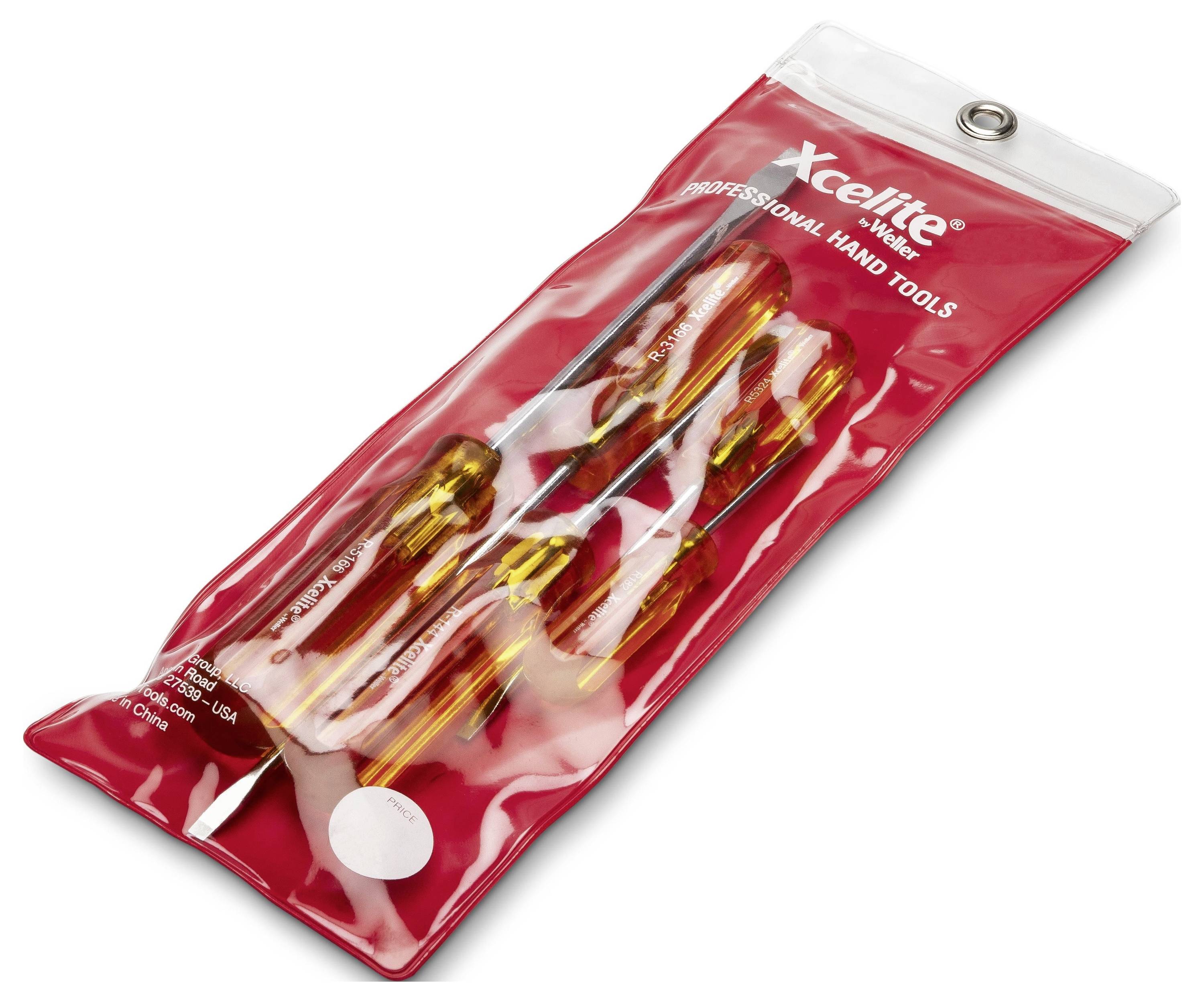 Rote Xcelite Tasche mit professionellen Handwerkzeugen, die mehrere Schraubendreher mit bernsteinfarben Griffen enthält, gezeigt in durchsichtiger Kunststoffverpackung mit einem Metallaufhängeloch.