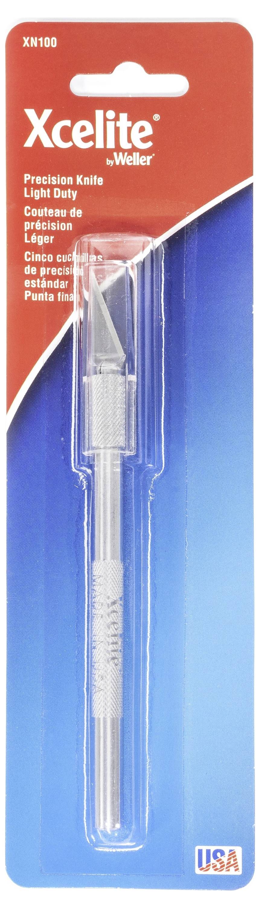 Paket von Xcelite von Weller Präzisionsmesser mit Leichtlast-Klinge, gezeigt in durchsichtiger Kunststoffbox auf rot-blauer Verpackung, gekennzeichnet mit USA.