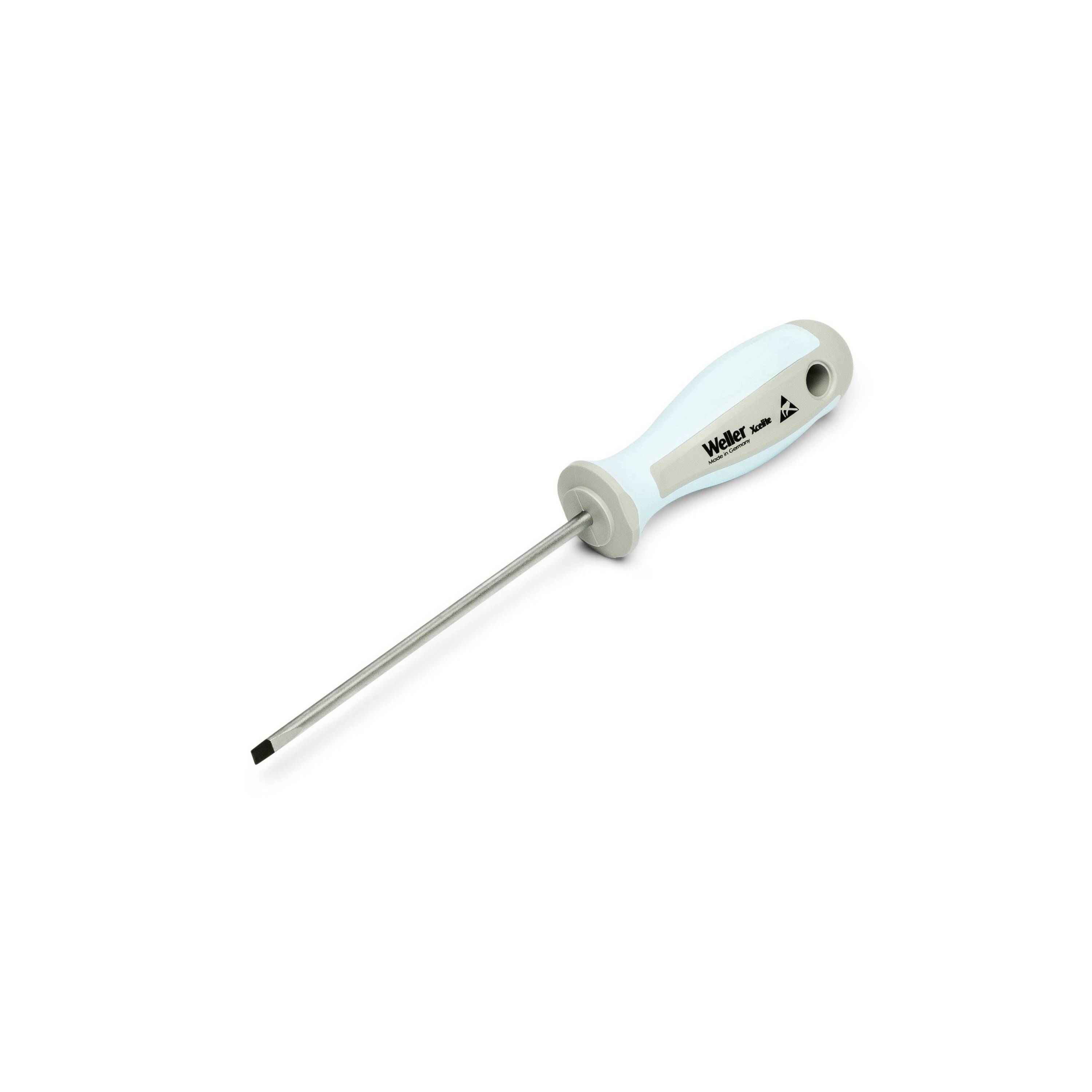 Light blue and gray flathead screwdriver with a long metal shaft on a white background.