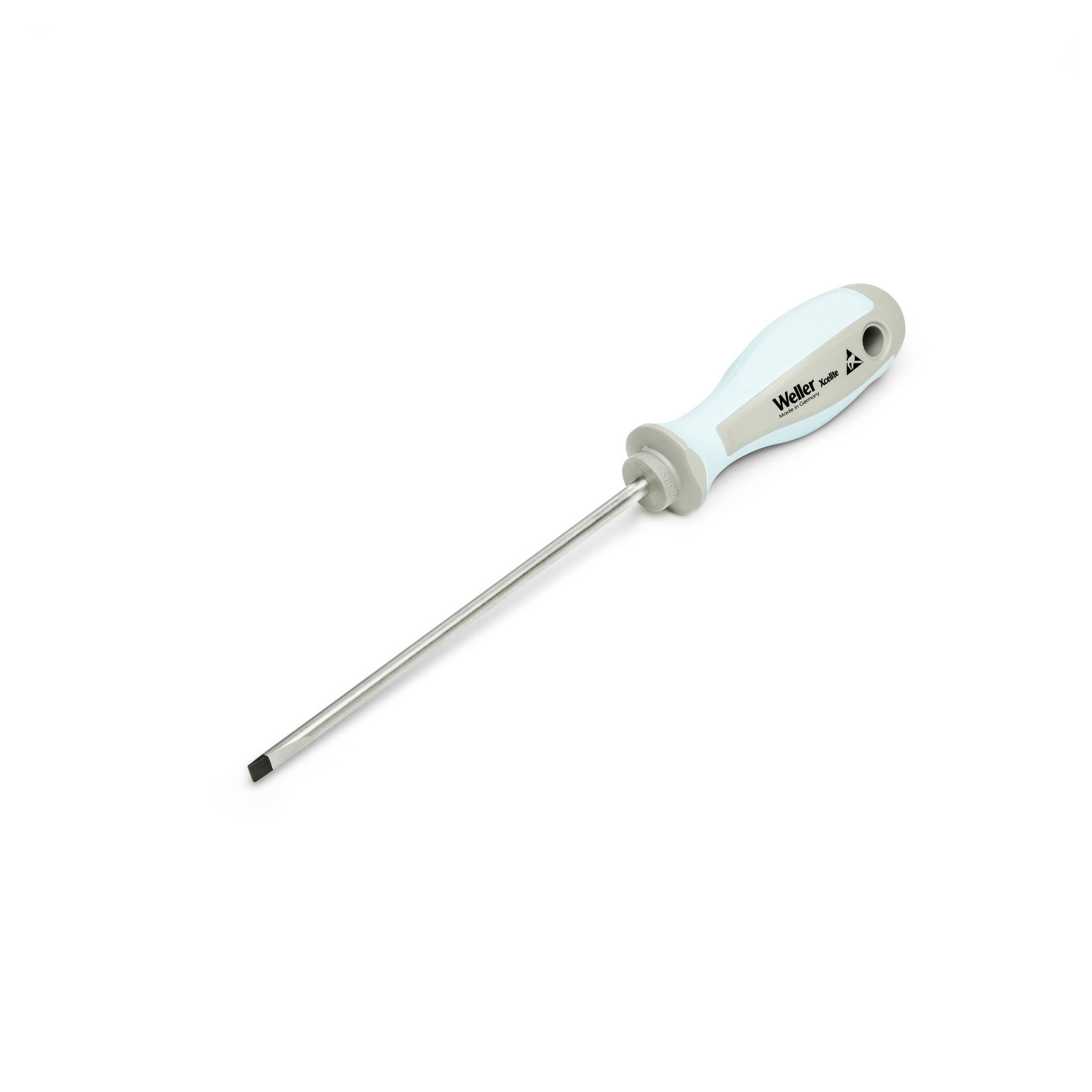 A flathead screwdriver with a light blue and gray handle, shown on a white background.