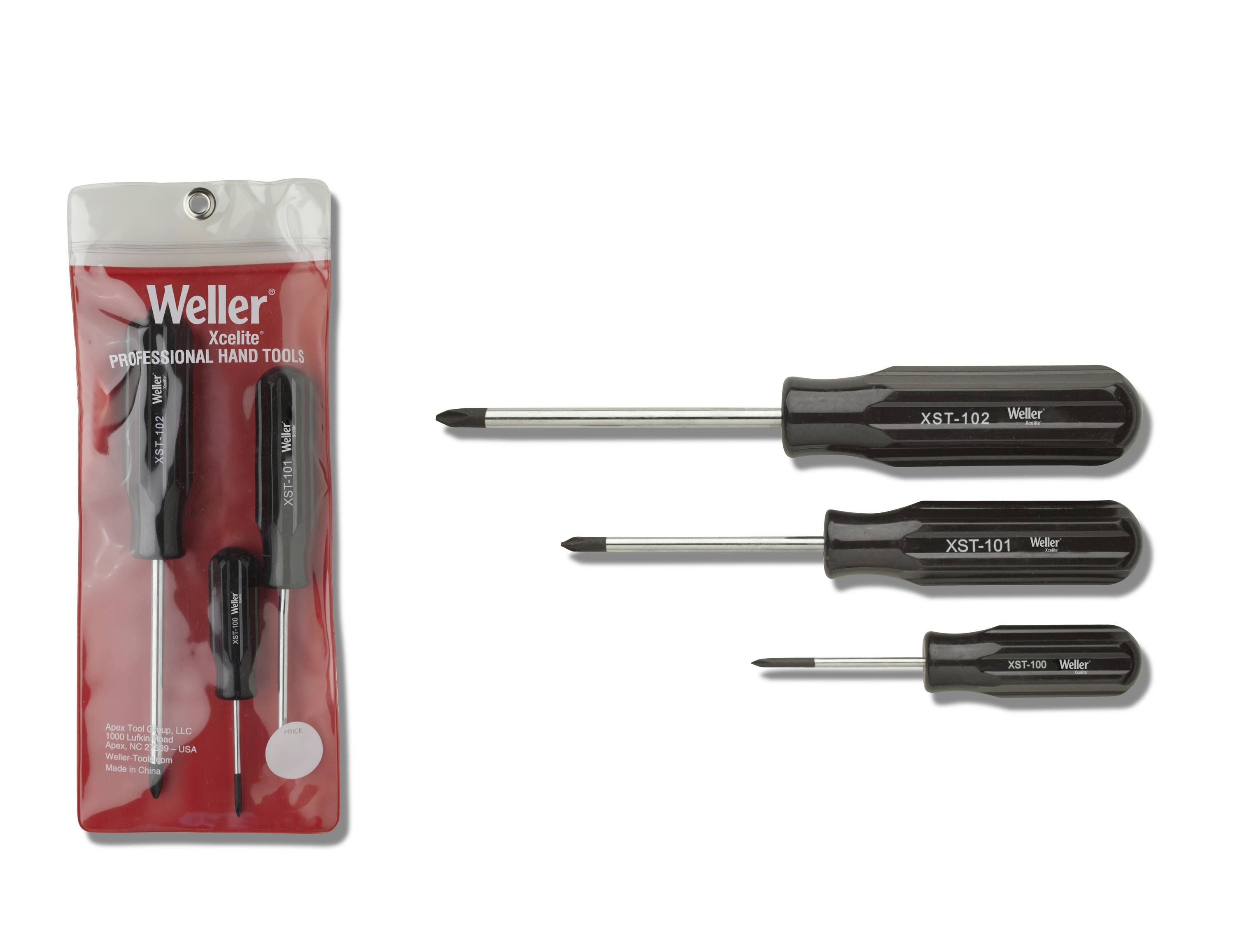Weller Xcelite professionelle Handwerkzeug-Set mit drei Schraubendrehern, gezeigt in der Verpackung und daneben auf weißem Hintergrund aufgelegt.