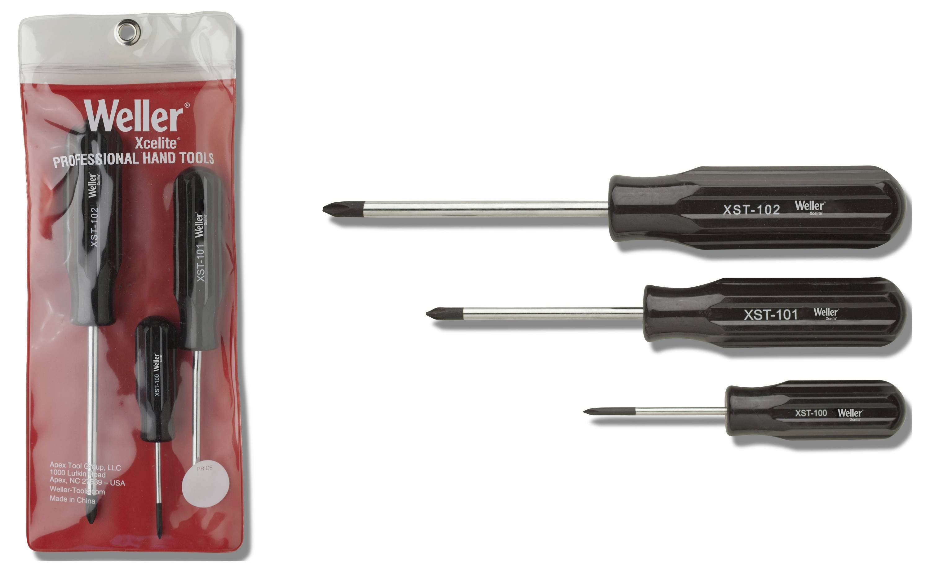 Weller Xcelite professionelles Handwerkzeug-Set in roter Verpackung, mit drei Schraubendrehern mit schwarzen Griffen neben der Verpackung angezeigt.