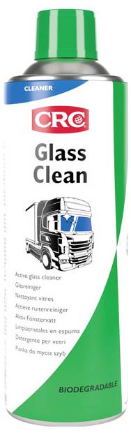 CRC Glass Clean Sprühdose zum Reinigen von Glas, beschriftet mit Reiniger und Biologisch abbaubar mit Lastwagenabbildung.