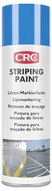 CRC Markierungsfarbe Sprühdose für Linienmarkierung, mit mehrsprachigem Text und kleinen Fotos von bemalten Parkplatzlinien.