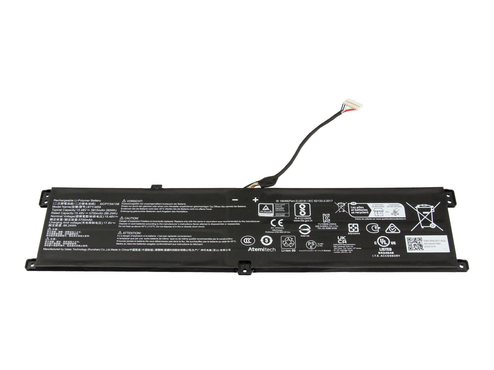 Langpackung wiederaufladbarer schwarzer Batterie mit angeschlossenem Verbinderkabel und Sicherheitsetiketten auf weißem Hintergrund.