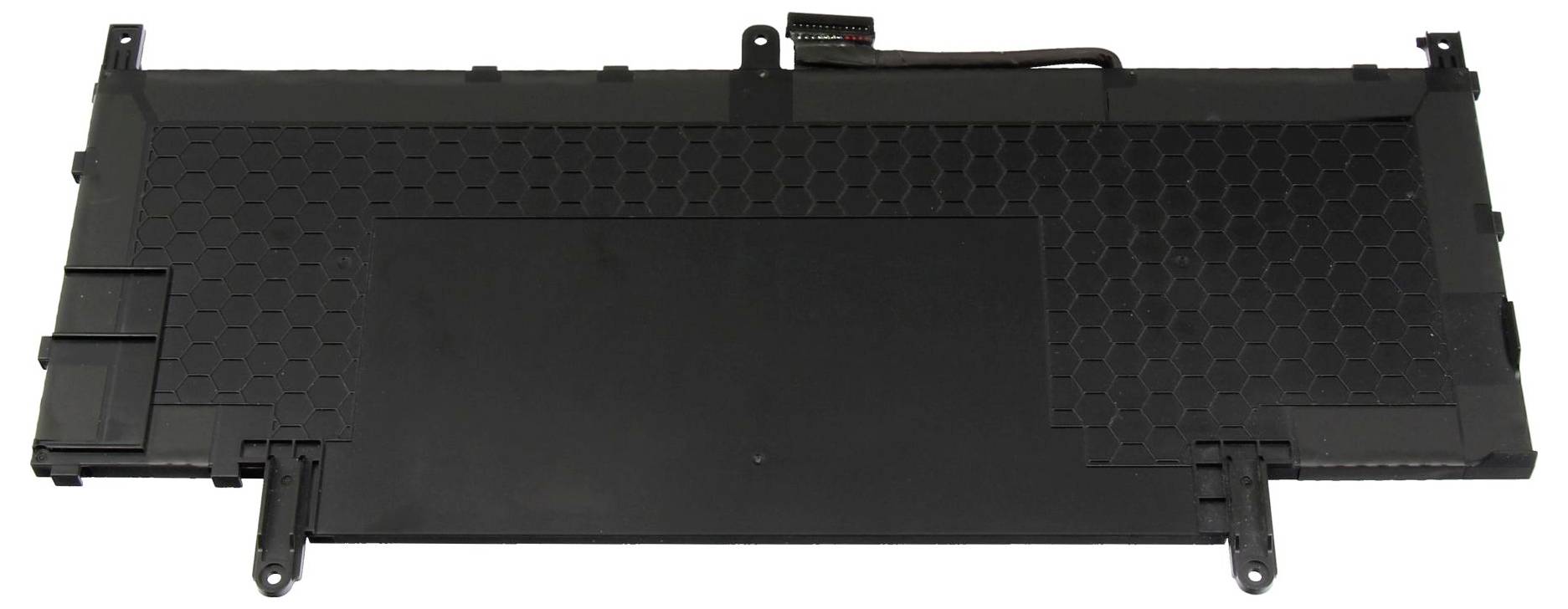 Schwarze Laptop-Bodenseite mit Lüftungsöffnungen, Schraubenbefestigungen und einem Wabengitter auf einer Seite.