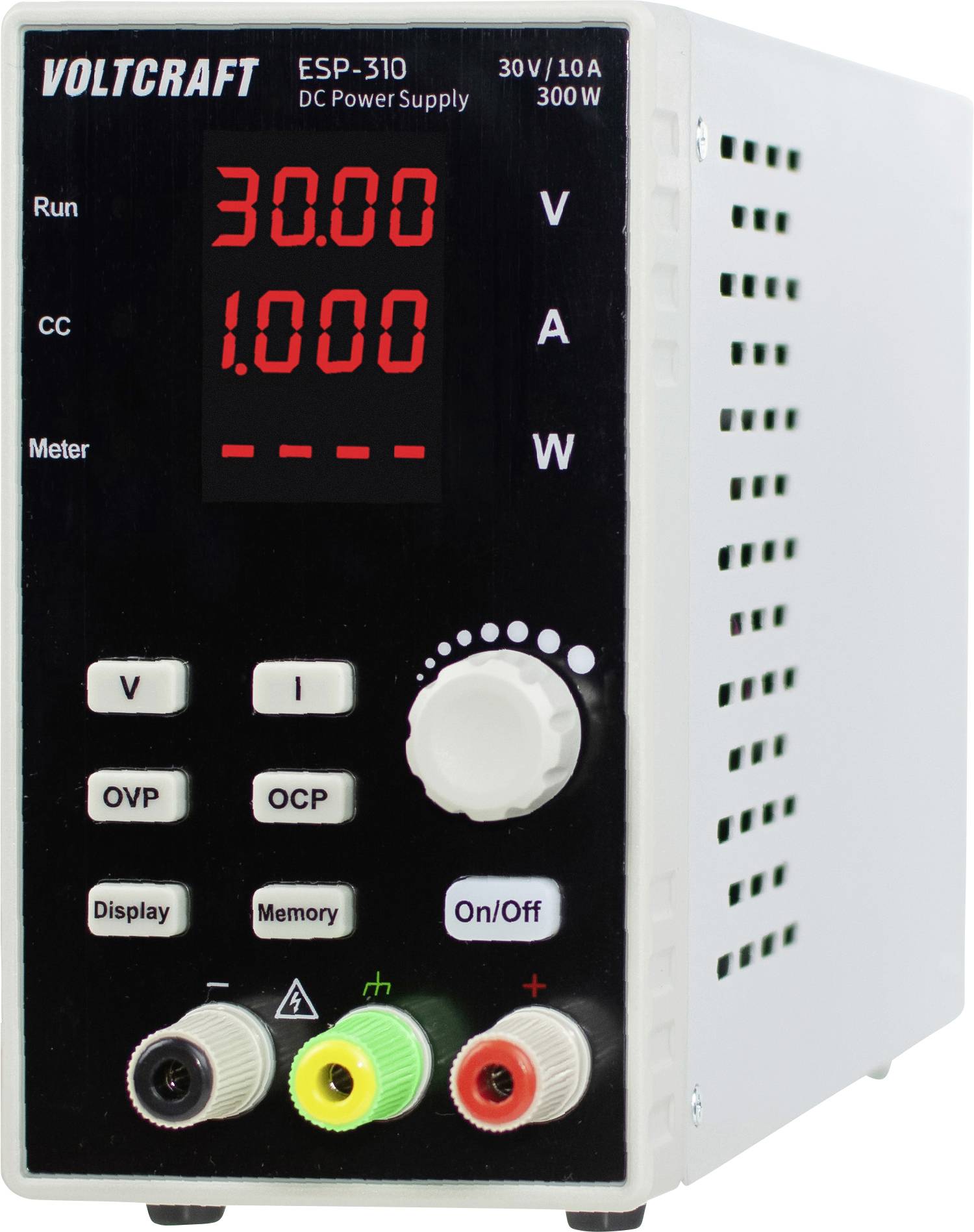 Frontplatte eines VOLTCRAFT ESP-310 Gleichstromnetzteil zeigt 30,00 V und 1,000 A, mit sichtbaren Steuertasten, Drehknopf und Ausgangsklemmen.