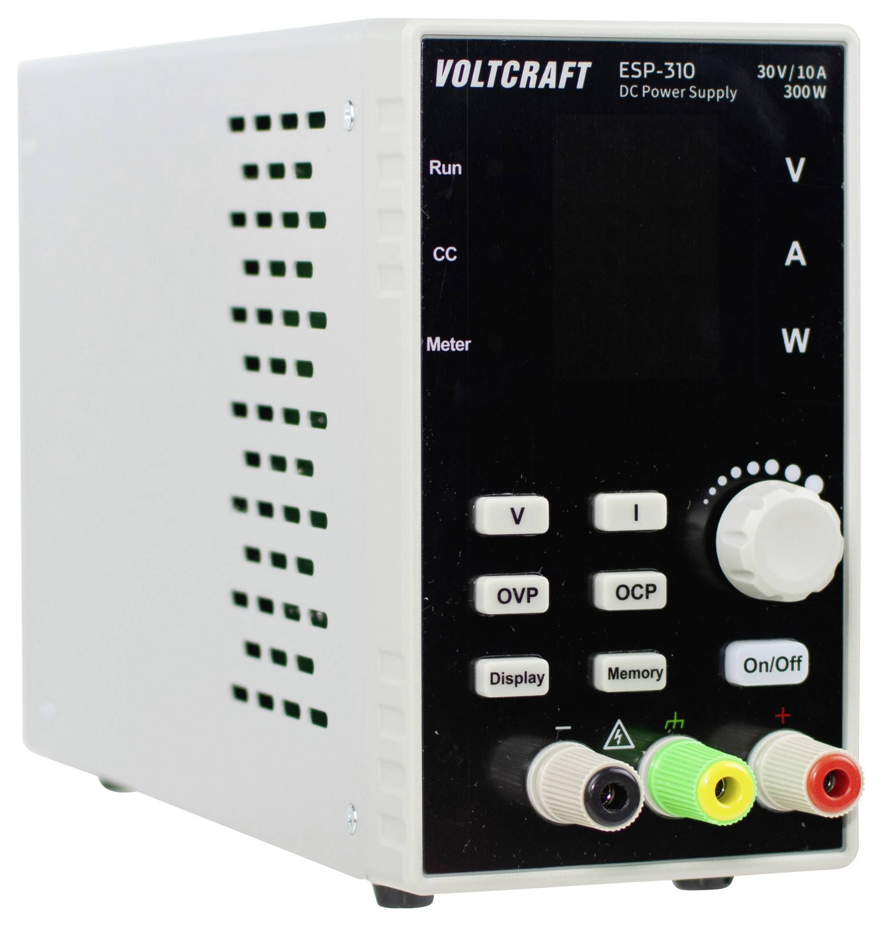 Frontansicht eines VOLTCRAFT ESP-310 DC-Stromversorgungsgeräts mit Display, Bedienknopf, Funktionstasten und farbcodierten Ausgangsklemmen.