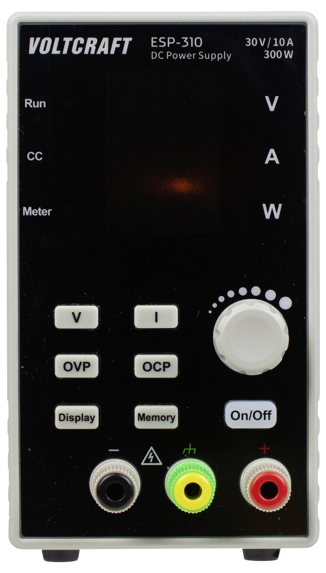 Frontansicht eines Voltcraft ESP-310 Gleichstromversorgungsgeräts mit digitalem Display, Bedienknöpfen und beschrifteten Anschlüssen für Spannung, Strom und Watt.