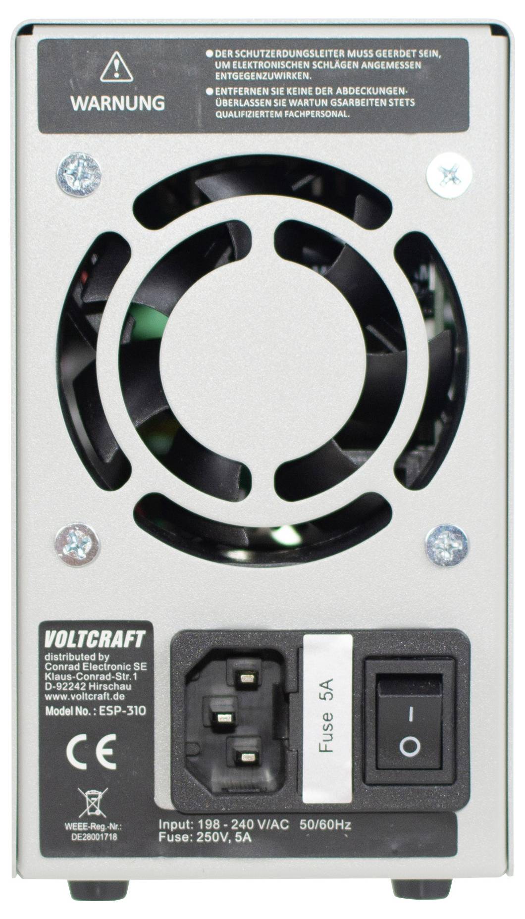 Rückansicht einer VOLTCRAFT-Stromversorgungseinheit mit Kühlventilator, Warnschild, Sicherungshalter, Eingangsspezifikationen und Ein-/Aus-Schalter.