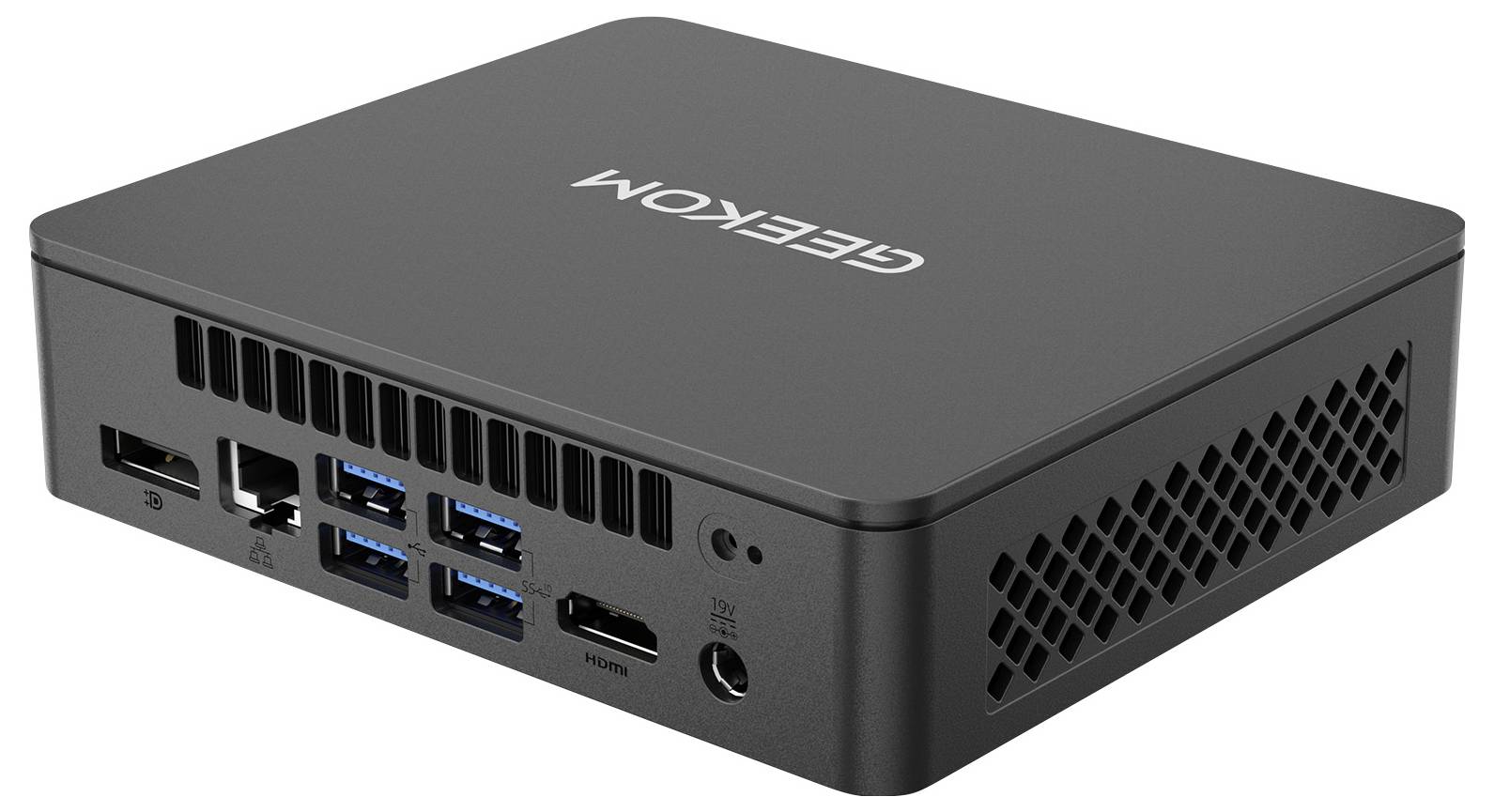 Kompakter schwarzer Geekom Mini-PC mit vorderen USB-Anschlüssen, Ethernet und Audiobuchse in schräggewinkelter Produktansicht.