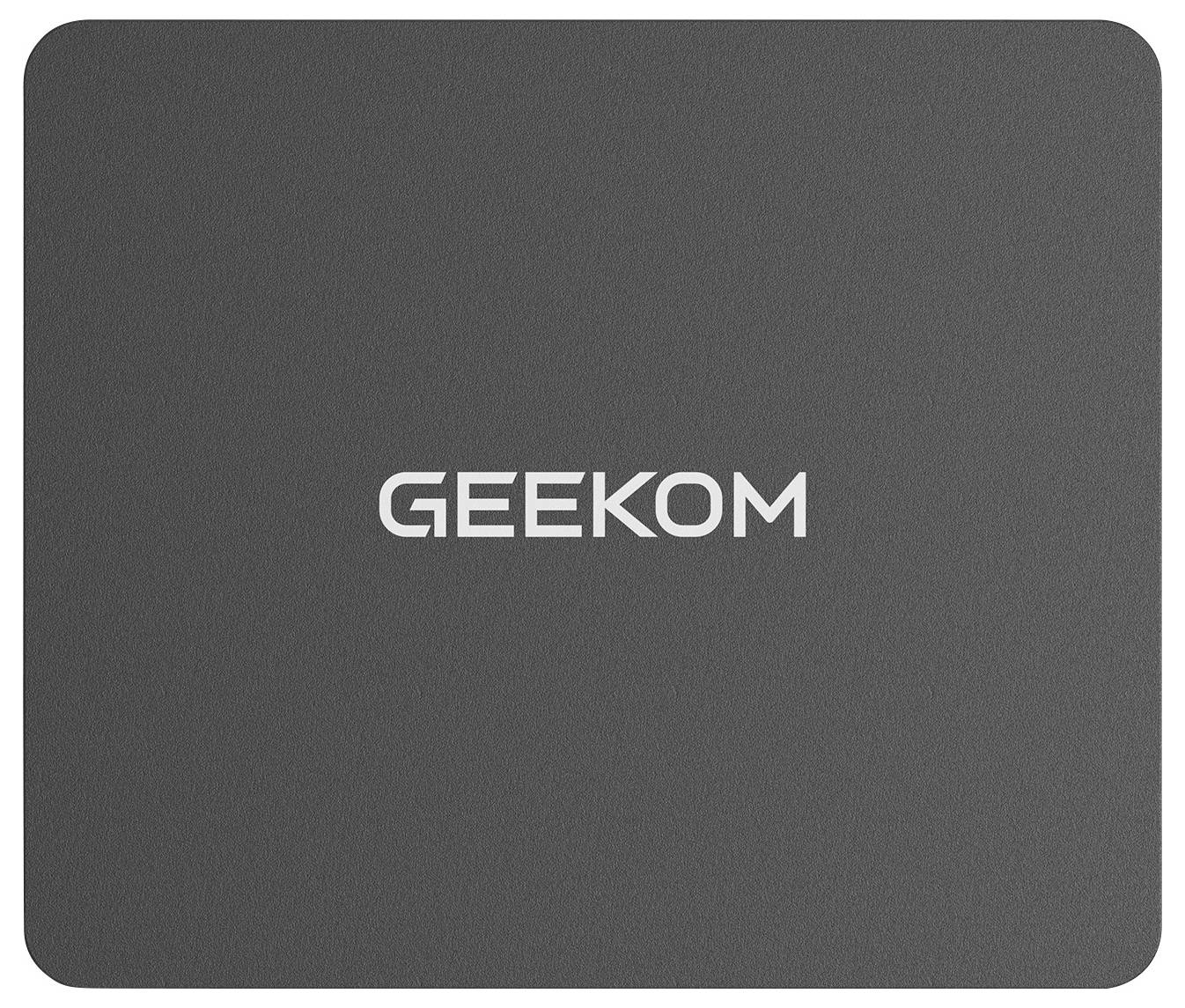 Graues GEEKOM-Logo zentriert auf einer ebenen, abgerundeten quadratischen Geräte- oder Produktabdeckung.