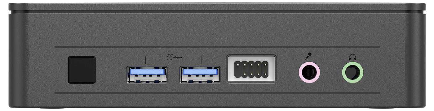 Vorderansicht eines schwarzen Geräts mit einem Stromschalter, zwei USB-3.0-Anschlüssen, einem 4-poligen Stecker und rosa und grünen Audiobuchsen.