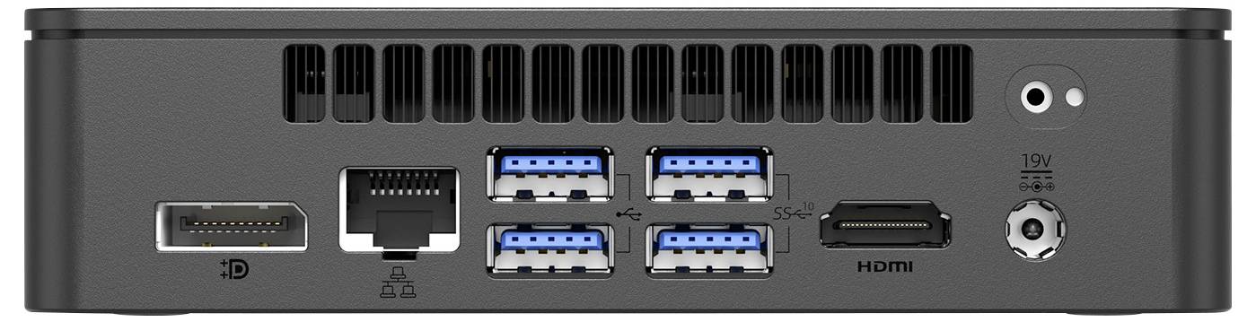 Rückseite eines kompakten Computers mit DisplayPort, Ethernet, vier USB-Anschlüssen, HDMI, Stromeingang und Lüftungsöffnungen.