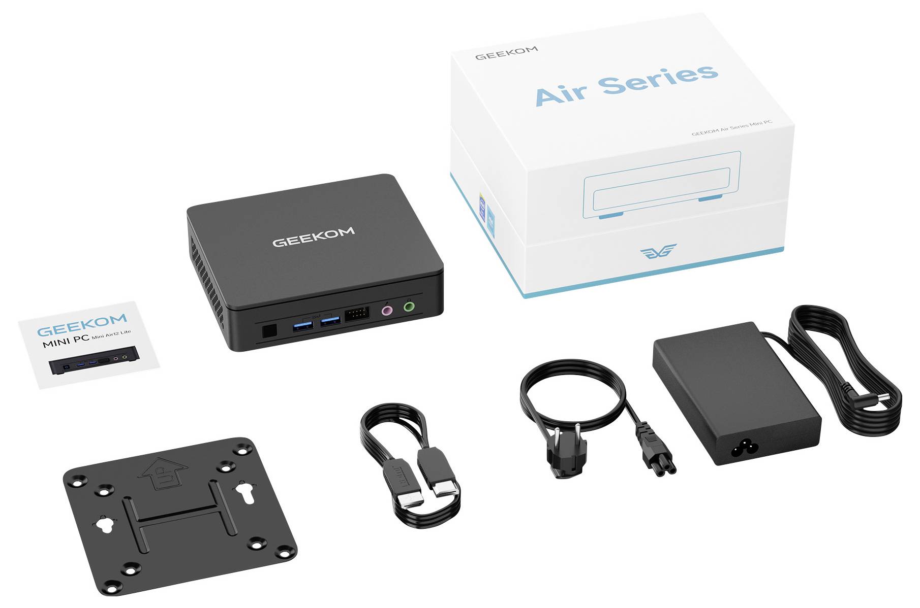 Produktpaketinhalt für einen GEEKOM Air Series Mini-PC: Mini-PC, Verpackung, Netzteil, Kabel, Montageplatte und Schnellstartanleitung.