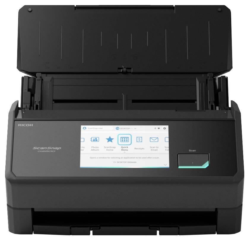 Schwarzer Ricoh ScanSnap Dokumentenscanner mit offener Zuführung und Touchscreen-Display, das Scanoptionen anzeigt.