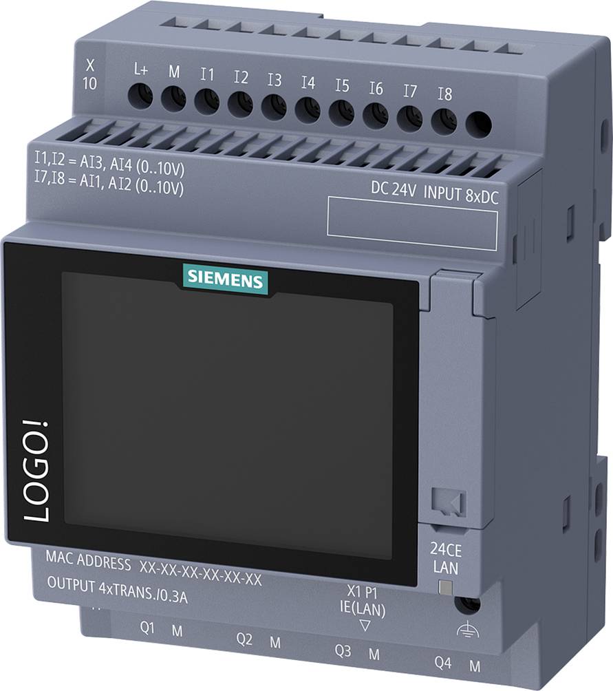 Siemens LOGO! Industriesteuerungsmodul mit gekennzeichneten Anschlüssen für 24V DC Eingang, LAN und vier Ausgänge.