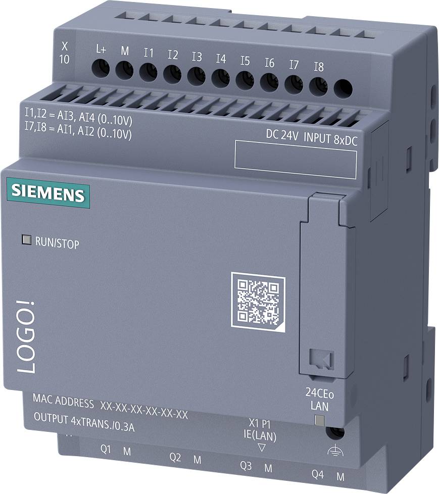 Siemens LOGO! SPS-Modul mit 8 Gleichstrom-Eingängen und 24V-Stromversorgung, beschrifteten Anschlüssen und LAN-Verbindung.