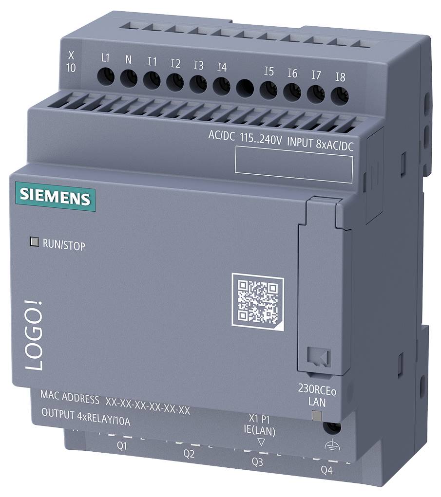 Siemens LOGO! speicherprogrammierbarer Steuerungsmodul mit gekennzeichneten Ein-/Ausgabeanschlüssen, RUN/STOP-Anzeige, QR-Code und LAN-Anschluss.