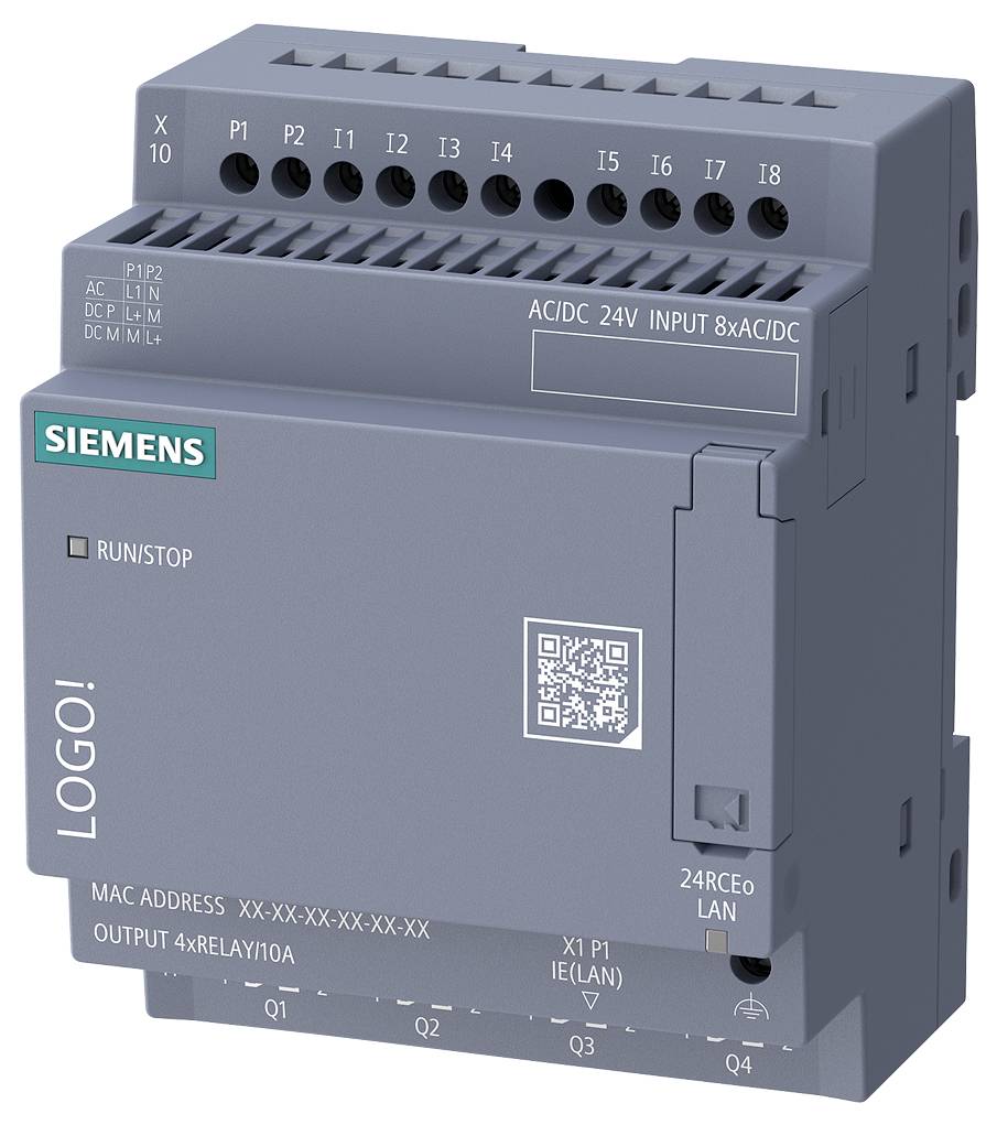 Siemens LOGO! SPS-Modul mit Anschlüssen und Beschriftungen für AC/DC 24V Eingang, 8 digitale Eingänge, 4 Relaisausgänge und Ethernet-LAN-Verbindung.