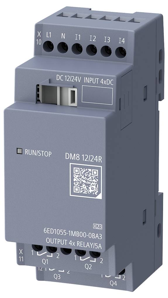 Graues Siemens DM8 230R Erweiterungsmodul mit gekennzeichneten Eingangsklemmen, AC/DC 115..240V Eingang, vier Relaisausgänge, RUN/STOP-Anzeige und QR-Code.