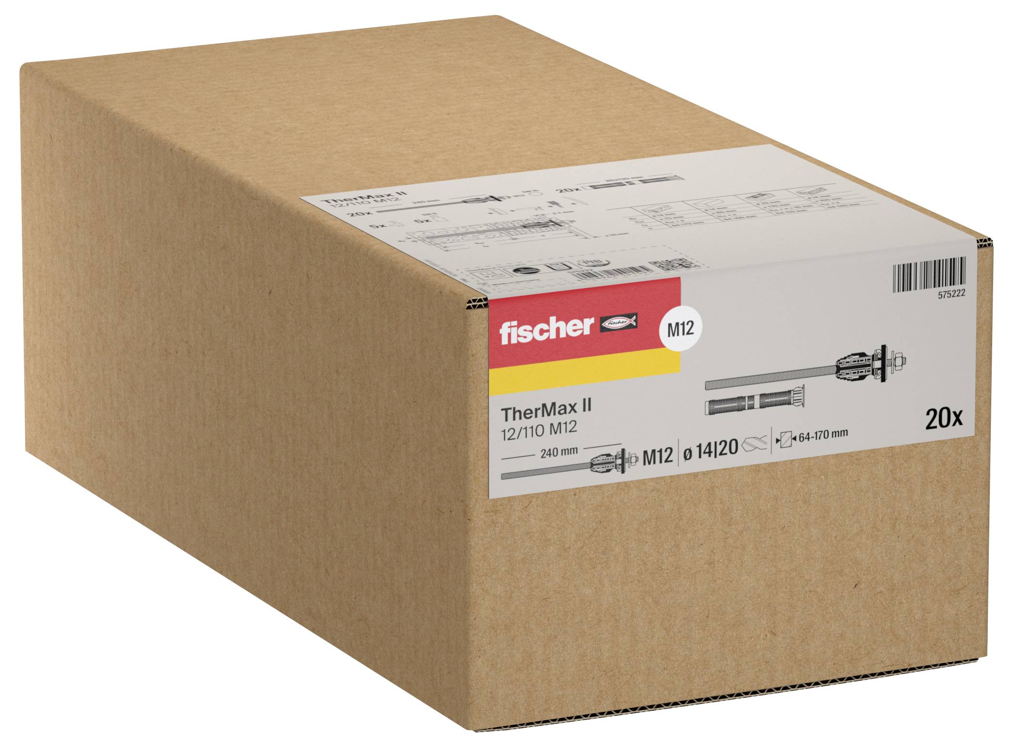 Karton mit fischer TherMax II M12 Befestigungssatz, auf der Vorderseite mit 20x gekennzeichnet.