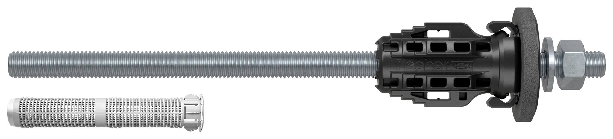 Ein Kunststoff-Hohlwanddübel mit einer langen Gewindeschraube und Unterlegscheibe, oben gezeigt im Vergleich zu einem kleineren Metall-Hülsendübel.