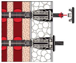 Technisches Diagramm einer Wandverankerung, die in die Isolierung eingeführt wird, mit einem roten Pfeil, der zeigt, wie die Befestigung in die Wandkonstruktion eingezogen wird.