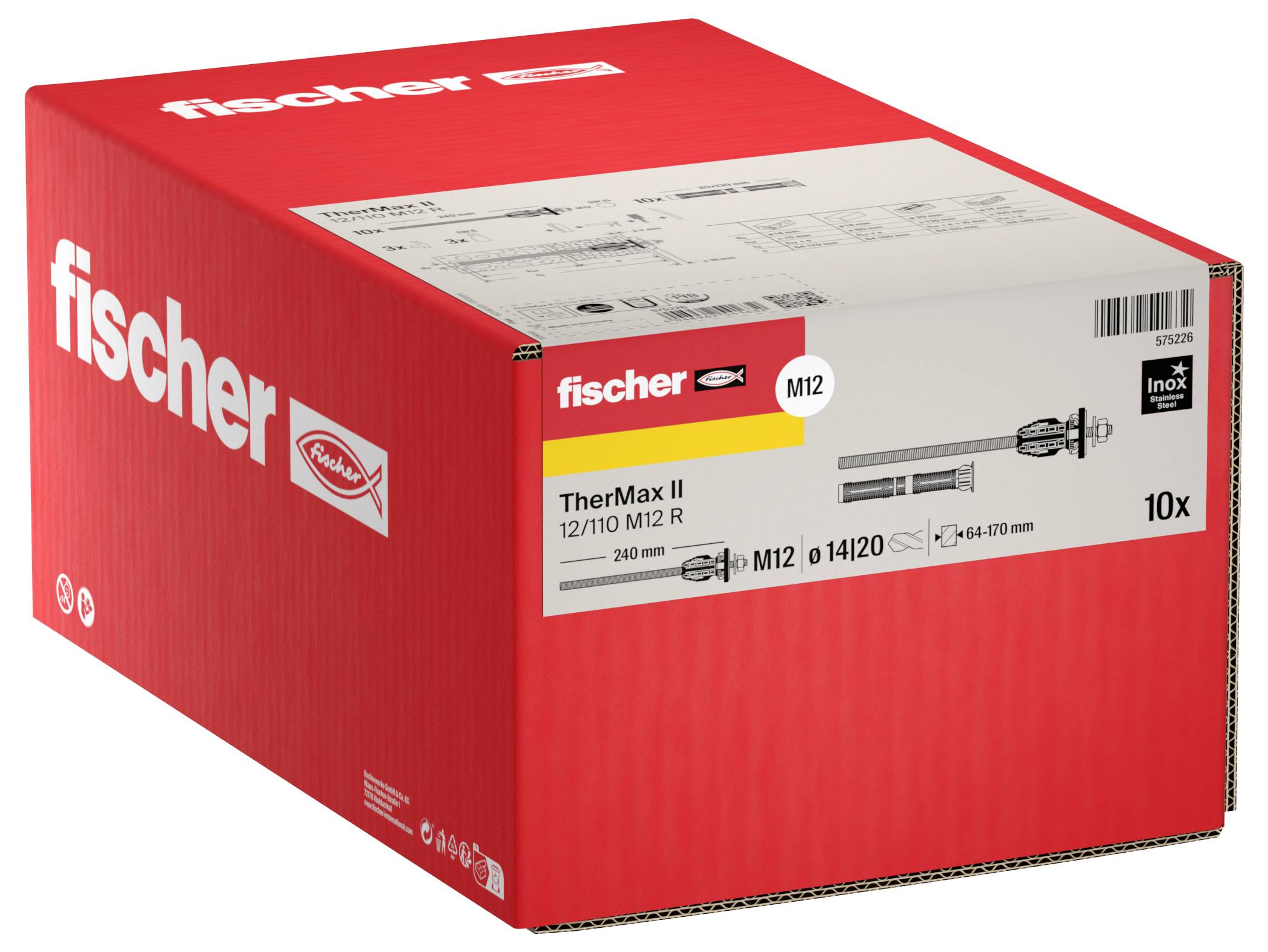 Rote Fischer-Schachtel mit TherMax II M12-Befestigungsankern, mit der Aufschrift 10x und inox, auf weißem Hintergrund gezeigt.