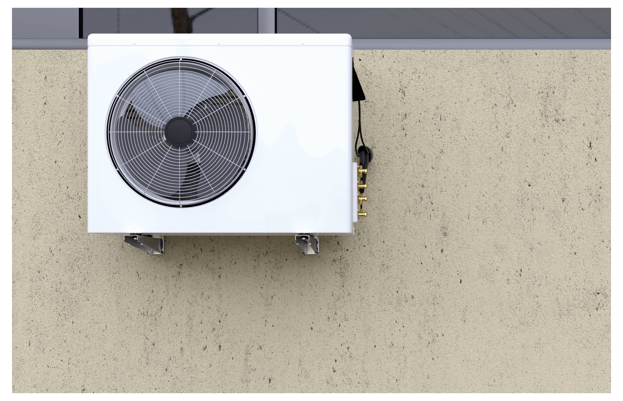 Außenwandmontiertes Klimageräte-Außengerät mit großem kreisförmigem Ventilator an einer beigen Außenwand.