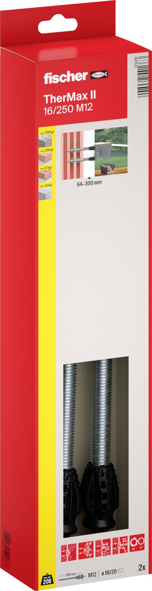 Verpackung von Red Fischer TherMax 16/25 M12 Dübel mit Produktbild und Etiketten, aufrecht stehend dargestellt.