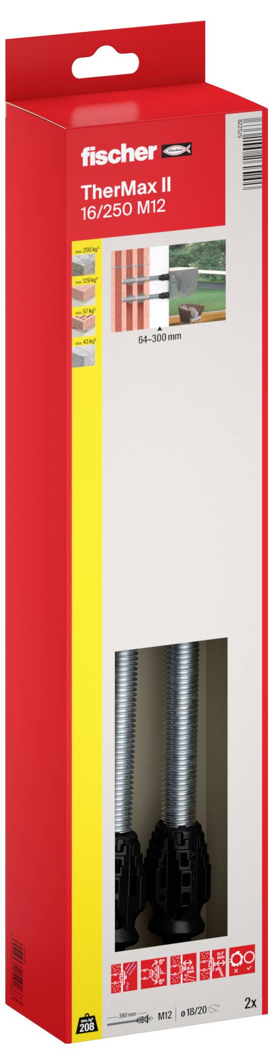 Red Fischer TherMax II Ankerset-Box mit Bezeichnung '16/250 M12' mit Produktabbildung und Barcode für Wandbefestigungsanwendungen.
