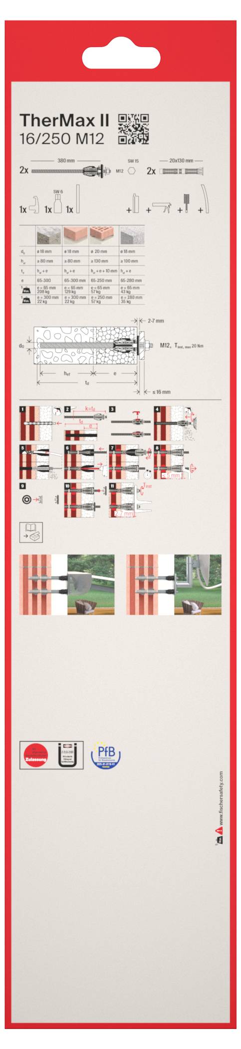 TherMax II Produktpaket für 16/250 M12 Steckverbinder, zeigt Schaltpläne, Abmessungen und Installationsbeispiele auf einer rot-weißen Verpackung.