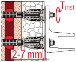 Technisches Diagramm eines Wanddübels, das zwei montierte Dübel und rote Beschriftungen „2-7 mm