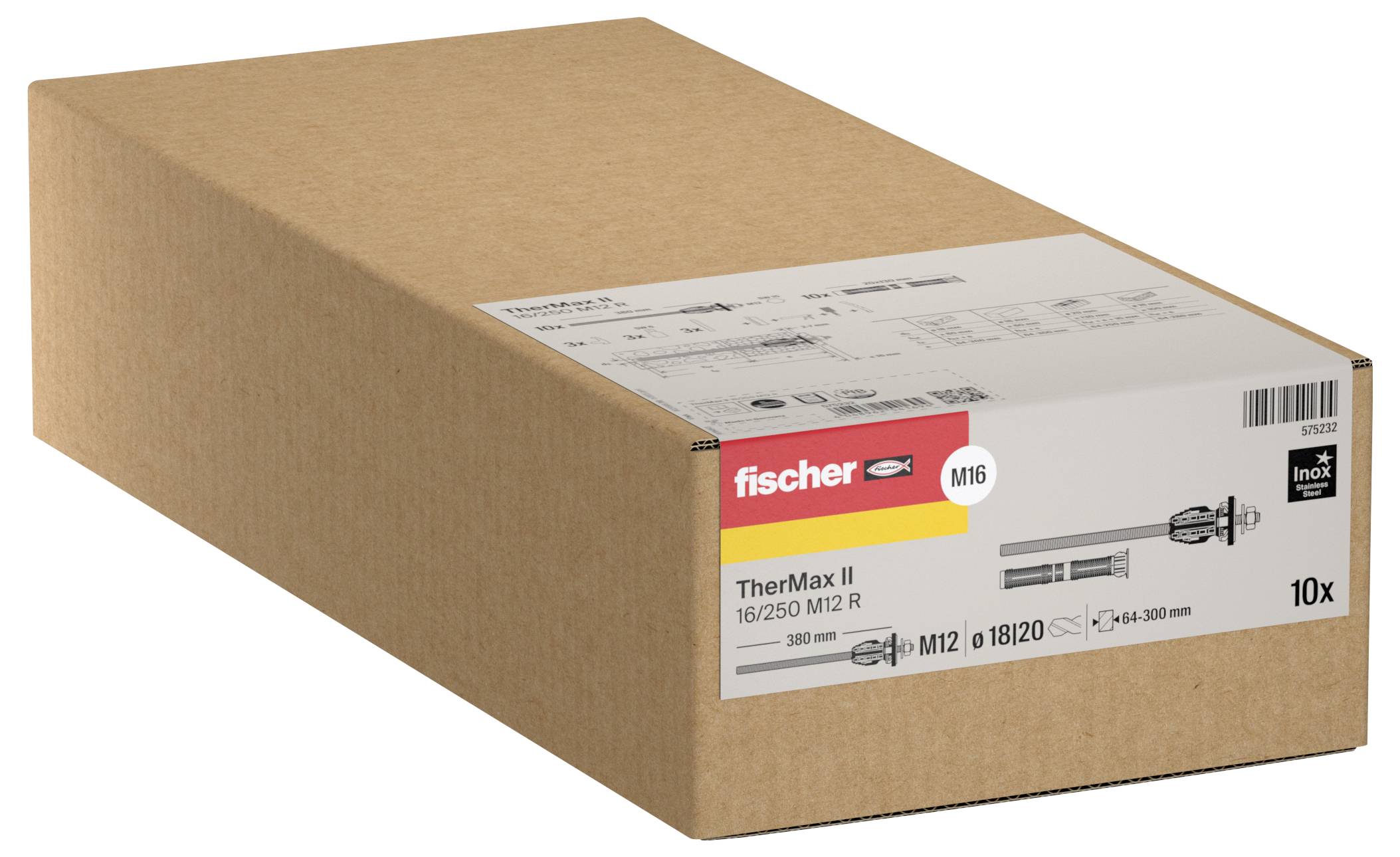 Karton mit fischer TherMax II M16 Befestigungsankern, gekennzeichnet mit 10x, auf weißem Hintergrund gezeigt.
