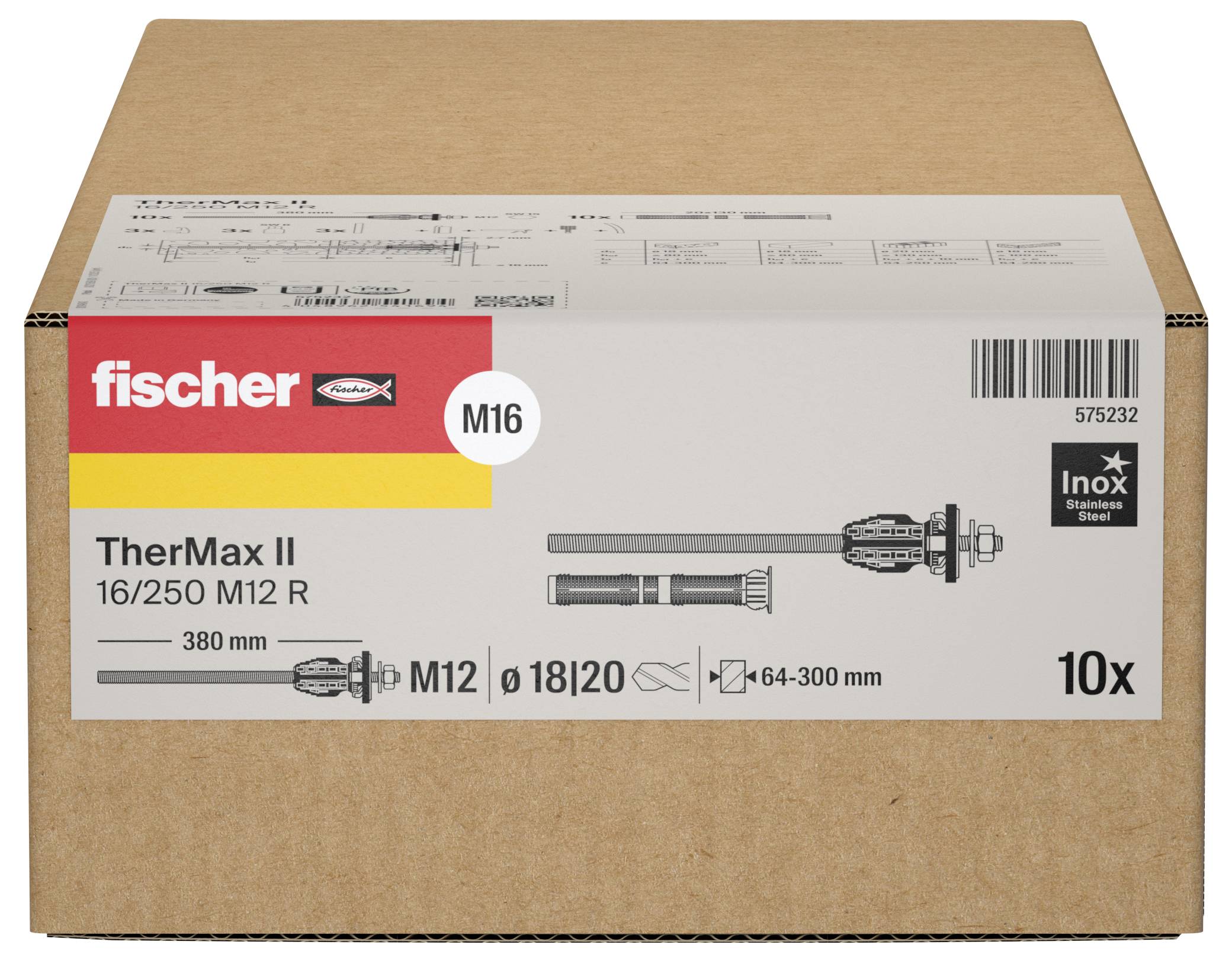 Pappkarton mit fischer TherMax II 16/250 M12 R Edelstahldübeln, beschriftet M16, 10x, 380 mm, 64-300 mm