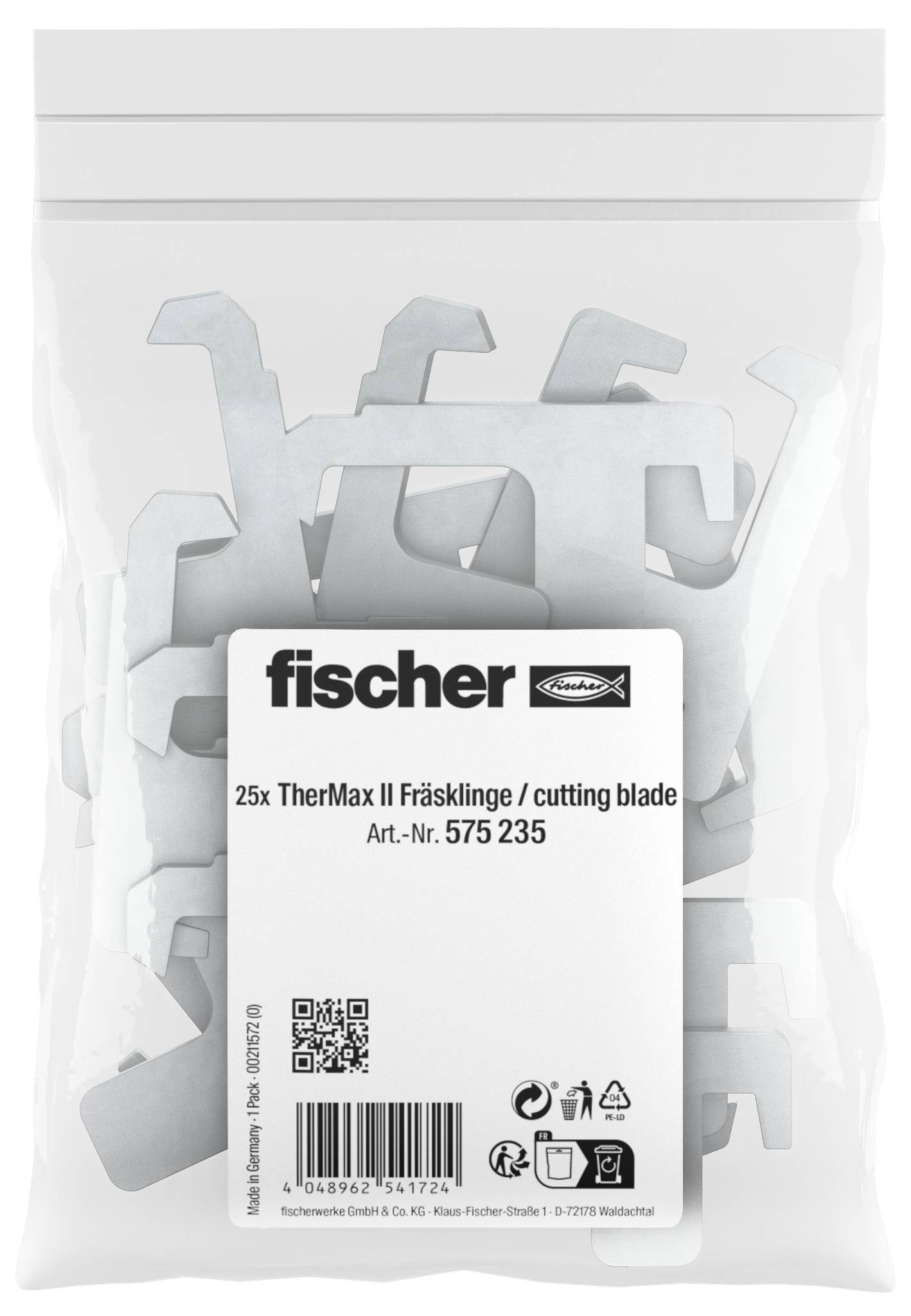 Beutel mit Fischer 25x TherMax II Schneidblättern, Produktetikett mit sichtbarem QR-Code und Strichcode