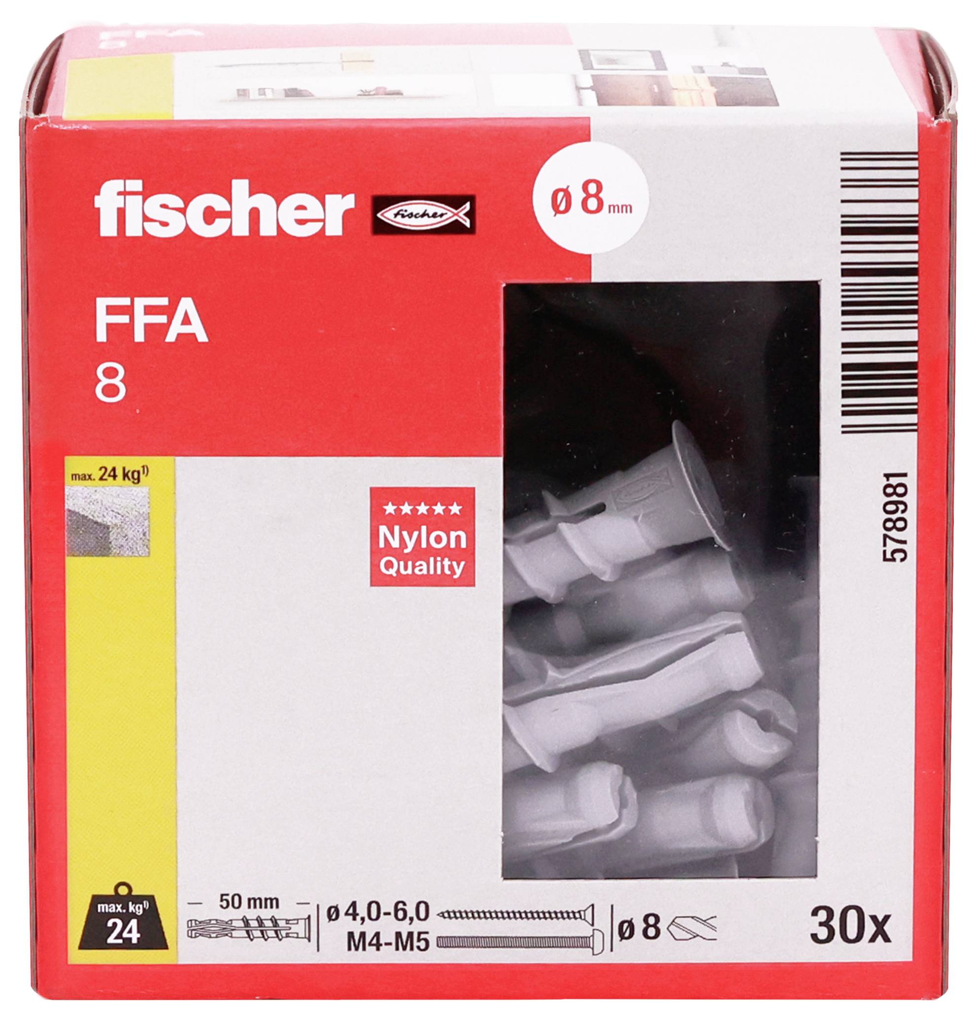 Karton mit Fischer FFA 8 Kunststoff-Dübeln, 8 mm, 30 Stück, mit Produktfenster und Tragfähigkeit bis 24 kg.