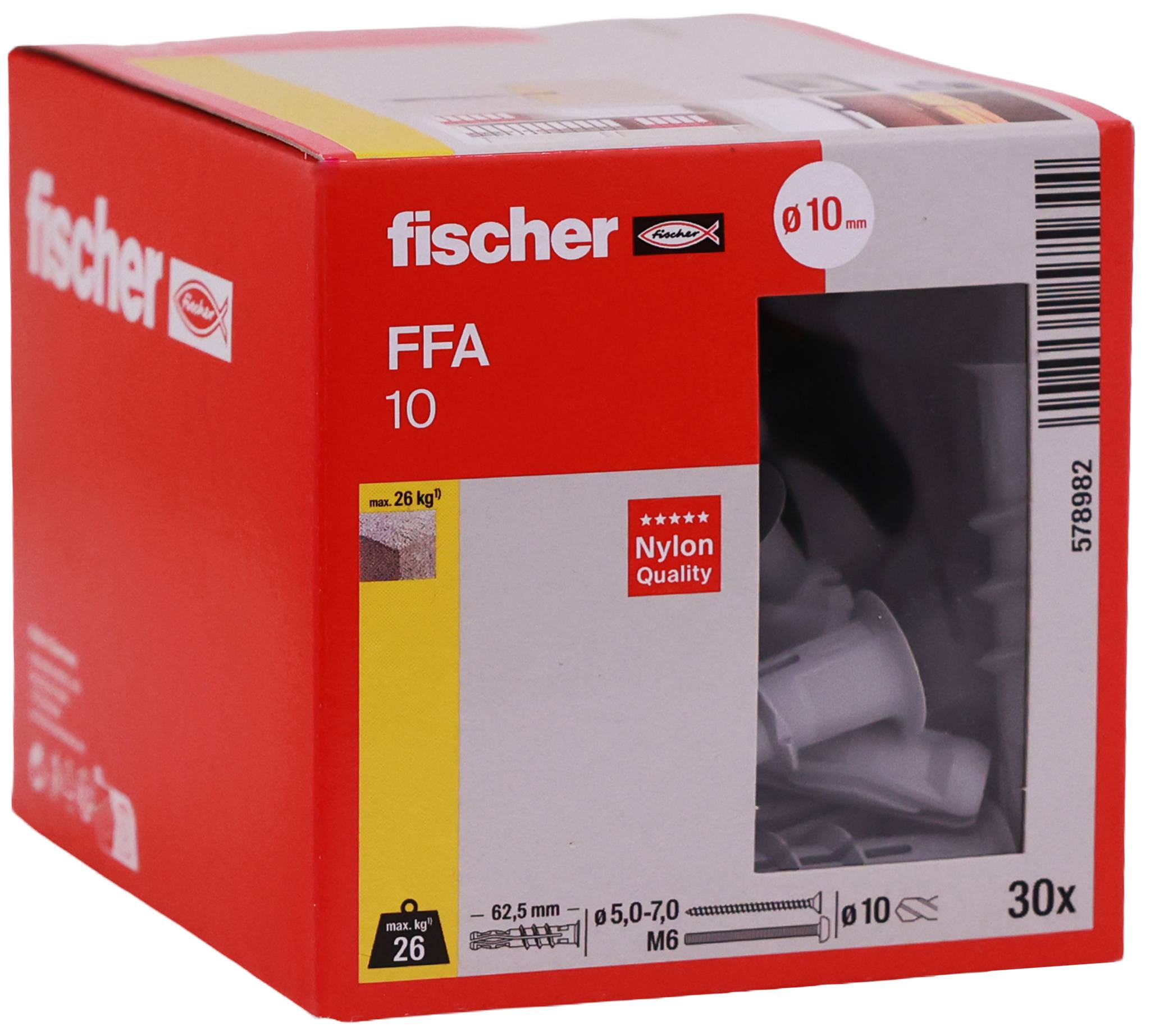 Paket mit roten Fischer FFA 10 Nylonankern, gekennzeichnet mit '30x' und 'ø10 mm', wobei die Ankerbolzen durch ein transparentes Fenster sichtbar sind.