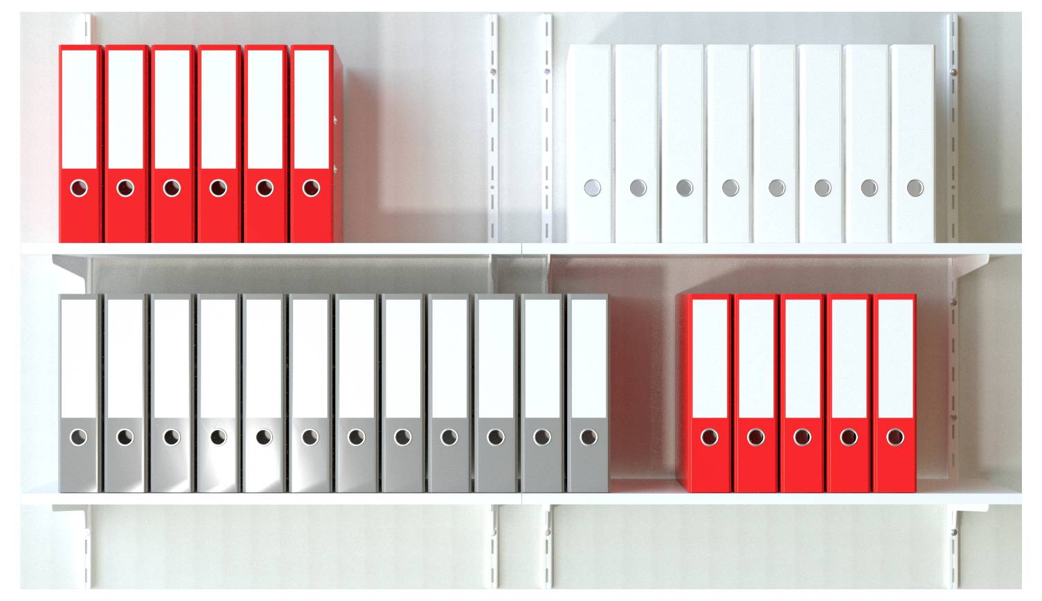Büroregale mit ordentlich angeordneten roten und weißen Ringordnern, einige Plätze sind gefüllt und einige Plätze sind leer.