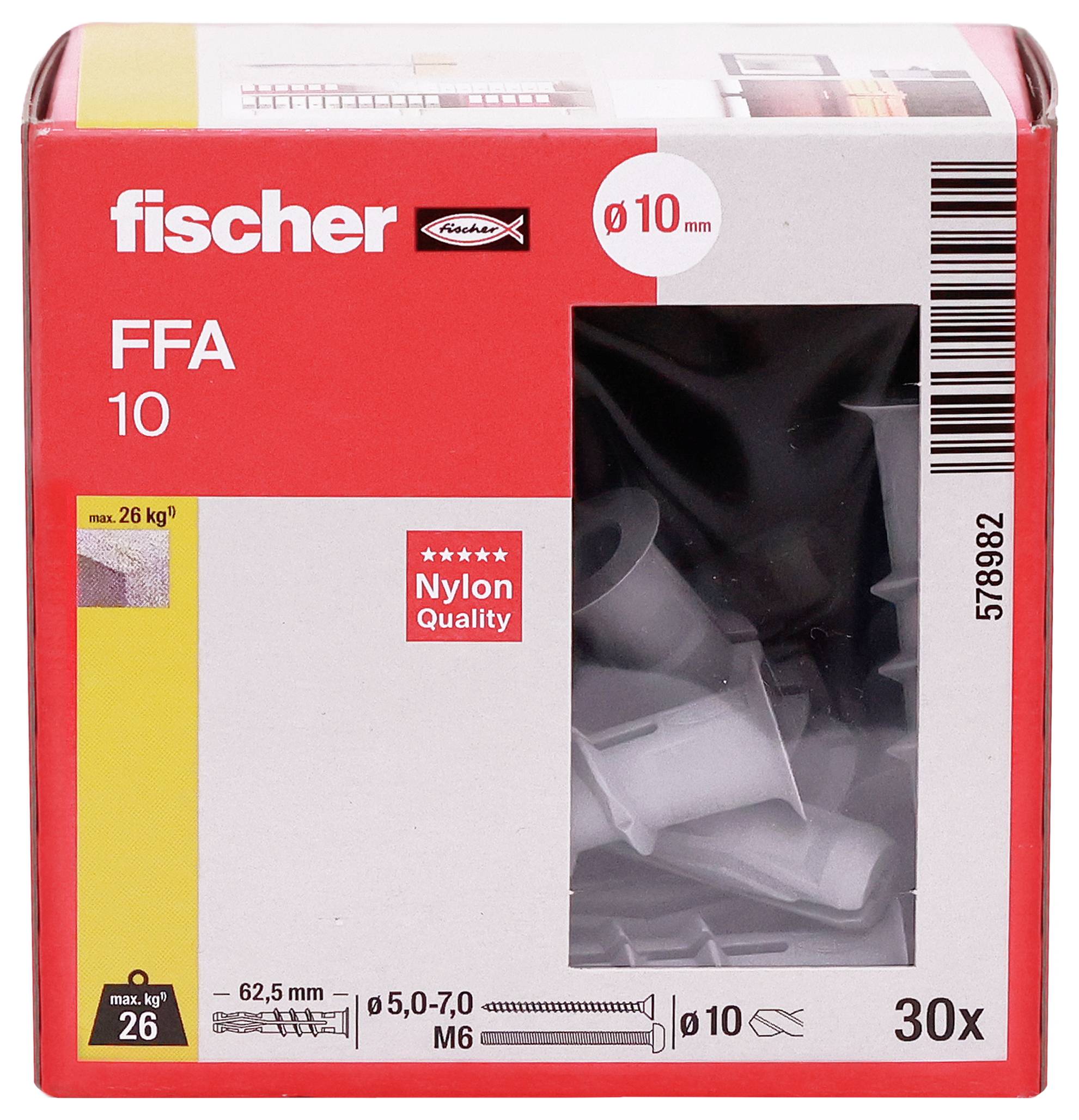 Packung fischer FFA 10 Nylondübel, 30 Stück, für 10 mm Löcher und bis zu 26 kg Belastung.