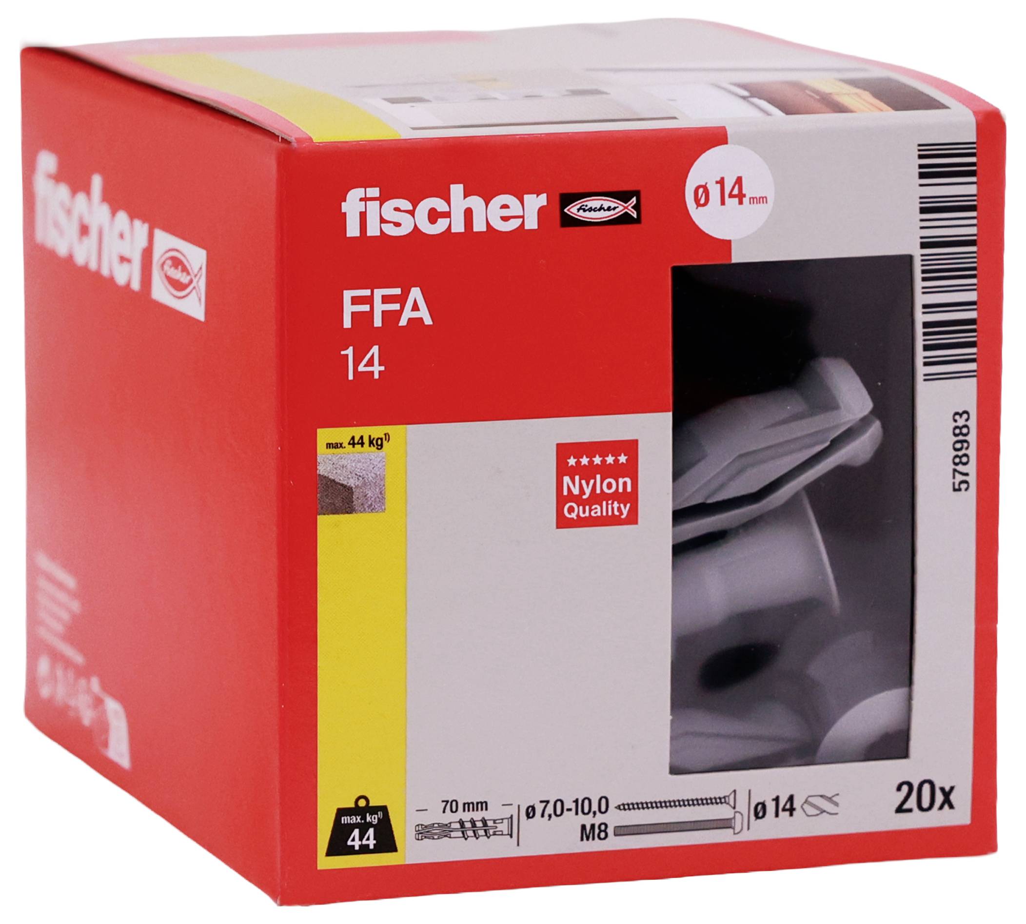 Red Fischer FFA 14 Nyloneinlassdübel Box, beschriftet mit „14 mm